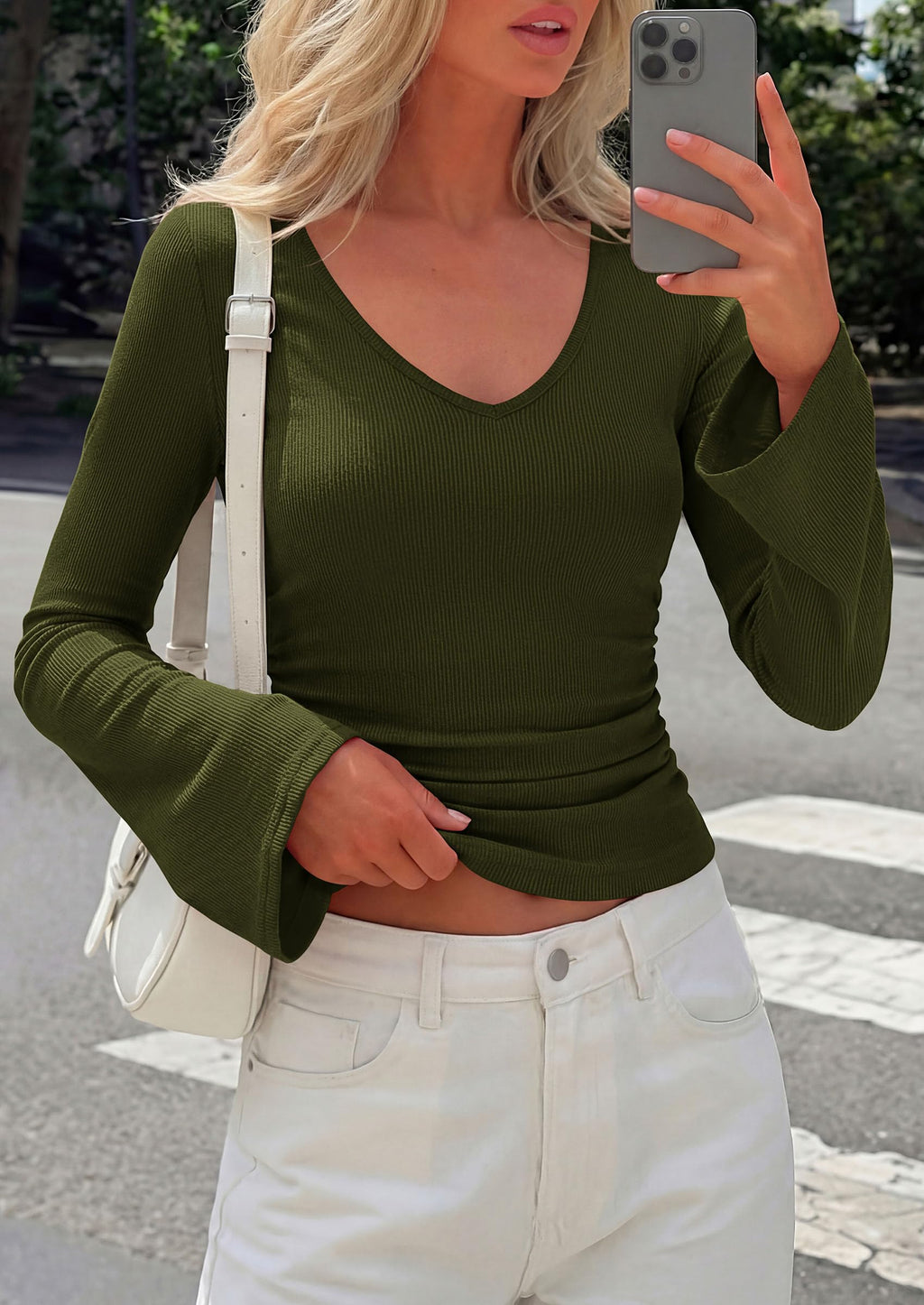 PRETTYGARDEN Women's Fall Trendy Bell Long Sleeve Tops | Soft Stretchy,Ribbed Textured,V Neck,Slim Fitted Shirts,Ruched Basic Tees,Y2K Going Out,Casual Outfits,Fashion Clothing