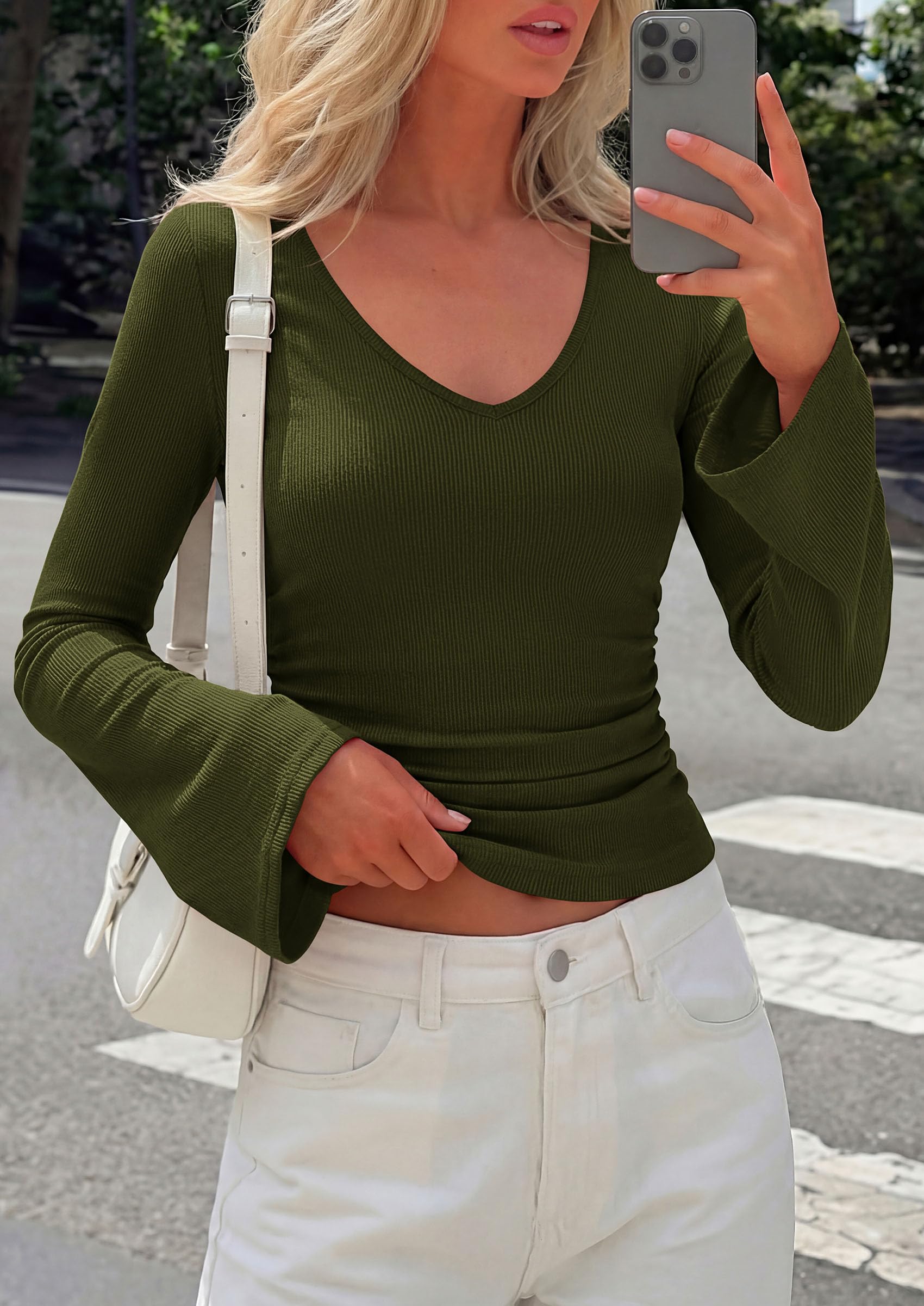 PRETTYGARDEN Women's Fall Trendy Bell Long Sleeve Tops | Soft Stretchy,Ribbed Textured,V Neck,Slim Fitted Shirts,Ruched Basic Tees,Y2K Going Out,Casual Outfits,Fashion Clothing