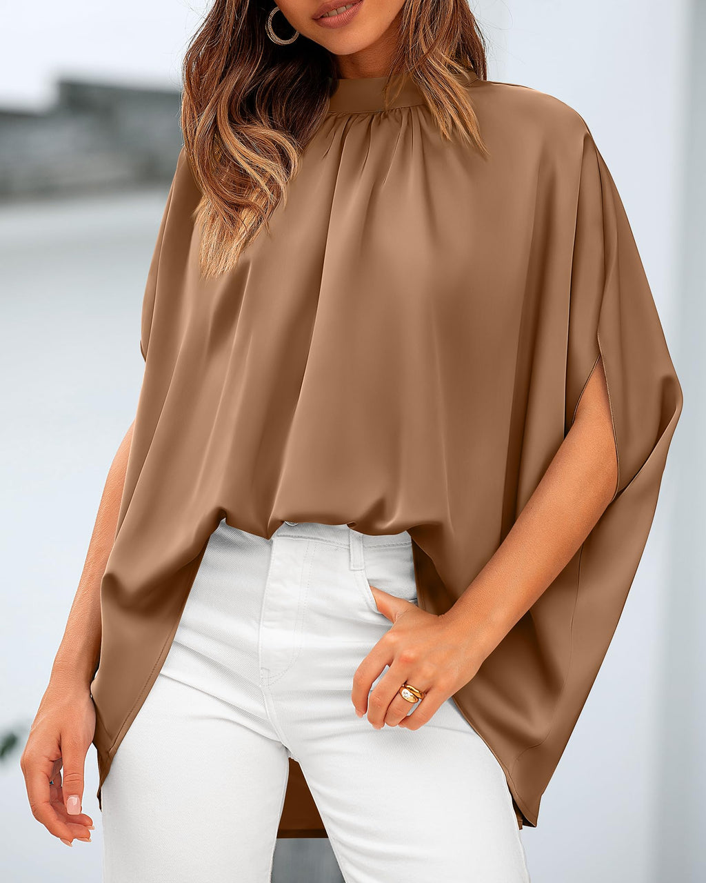 BTFBM Womens Summer Tops Mock Neck Batwing Sleeve Silk Satin Shirts Loose Oversized Dressy Casual Spring Blouses
