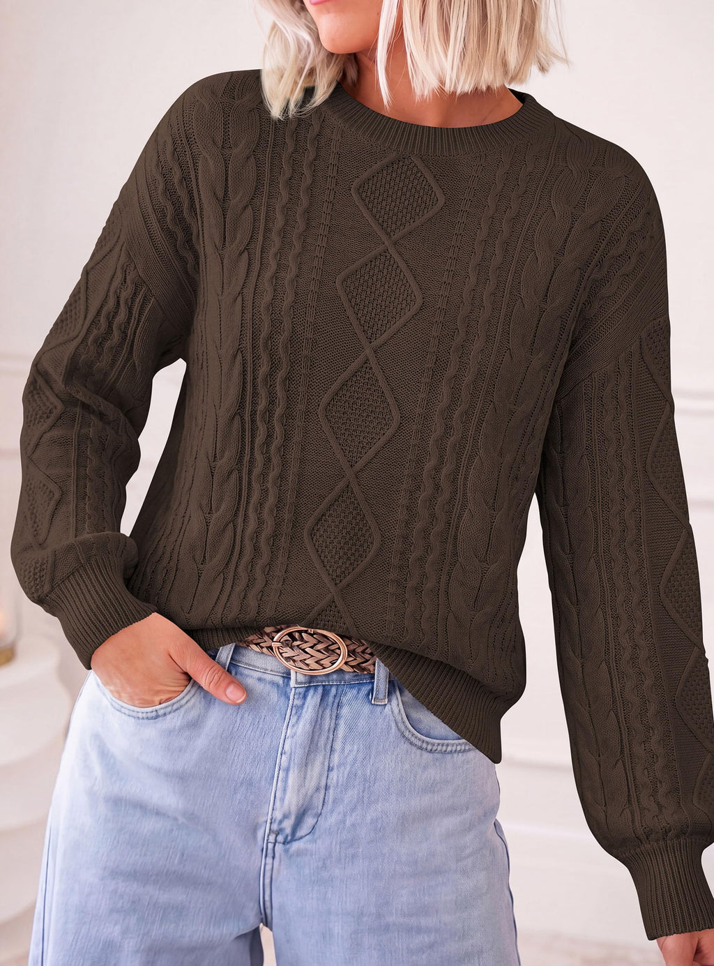 PRETTYGARDEN Women's Crewneck Cable Knit Sweater Pullover Tops Soft Luxury,Long Sleeve Sweaters,Chunky Texture,Fall Outfits,Warm Layering,Daily Wear,Work Holiday,Winter Going out Top