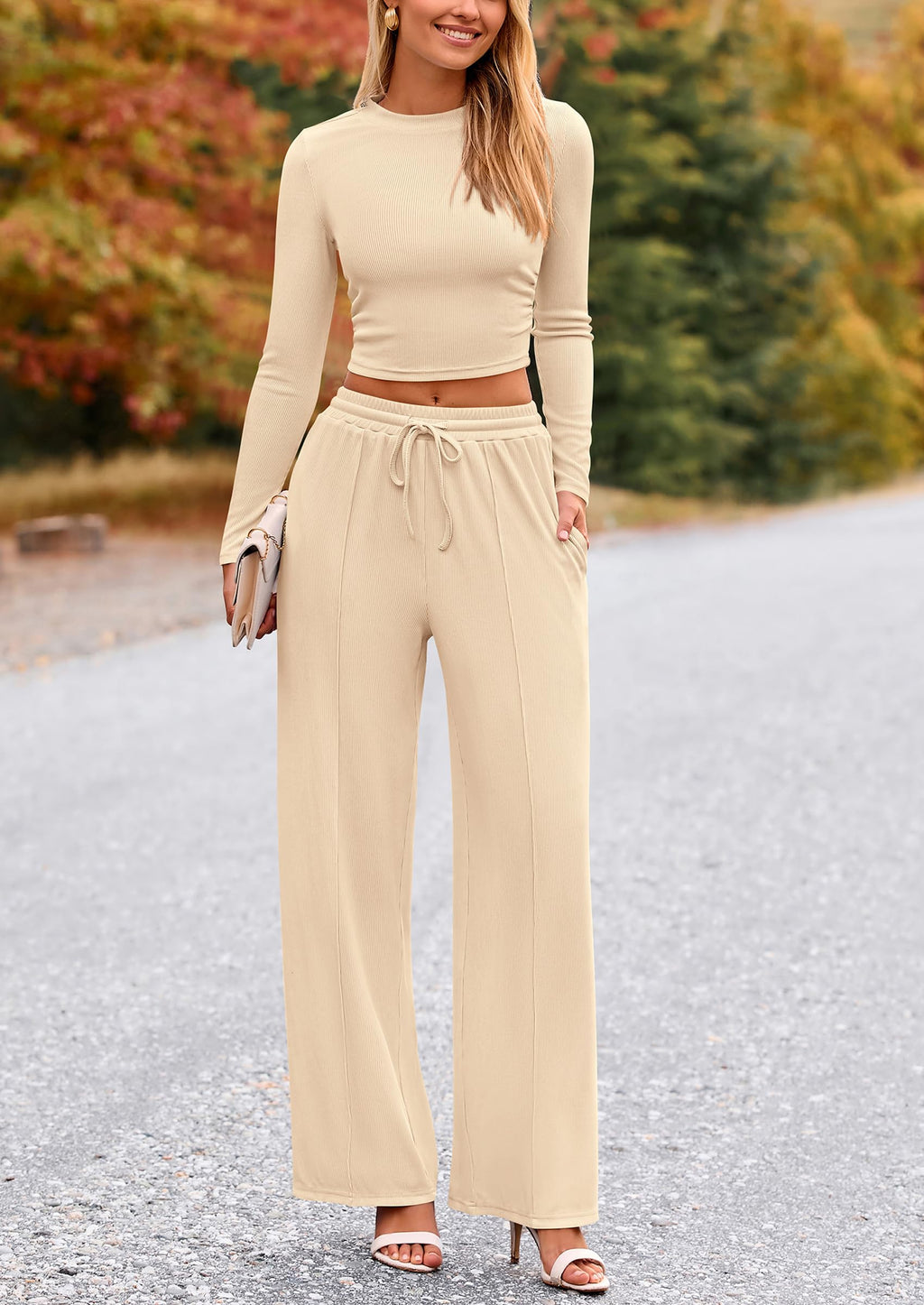 PRETTYGARDEN Women's 2 Piece Loungewear Long Sleeve Crop Top Wide Leg Palazzo Pants Set Tracksuits Casual Outfit