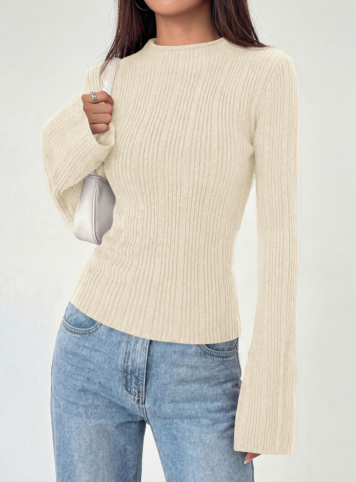 PRETTYGARDEN Women's Lightweight Mock Neck Sweaters | Bell Long Sleeve Tops, Slim Fitted Pullover, Soft Ribbed Knit, Going Out Outfits, Fall Winter Layering, Fashion Clothing