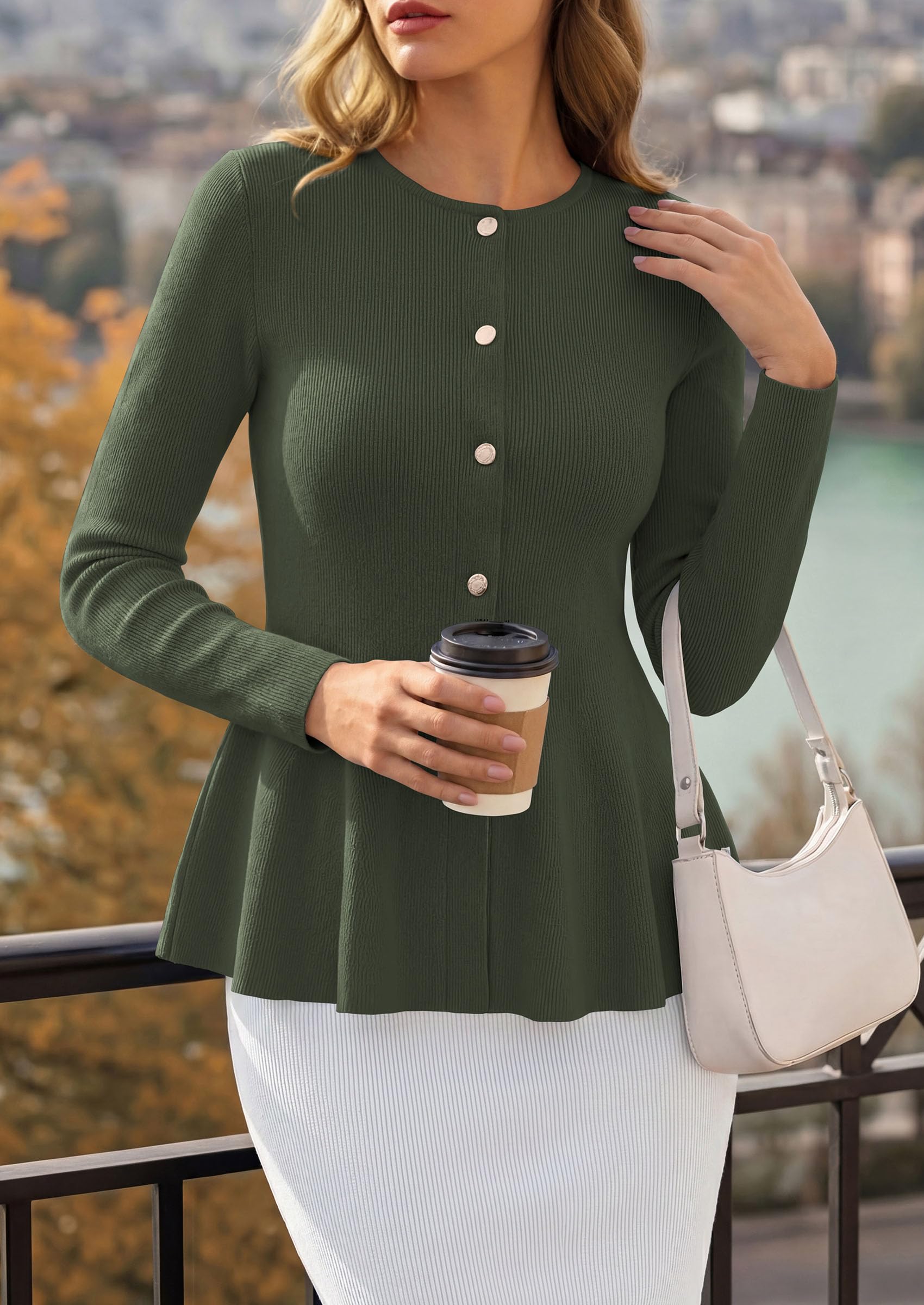 PRETTYGARDEN Women's Fall Lightweight Cardigan Sweaters | Long Sleeve Peplum Tops, Button Up, Slim Fitted, Flared Hem, Soft Ribbed Knit, Business Casual Outfits, Winter Trendy Clothes