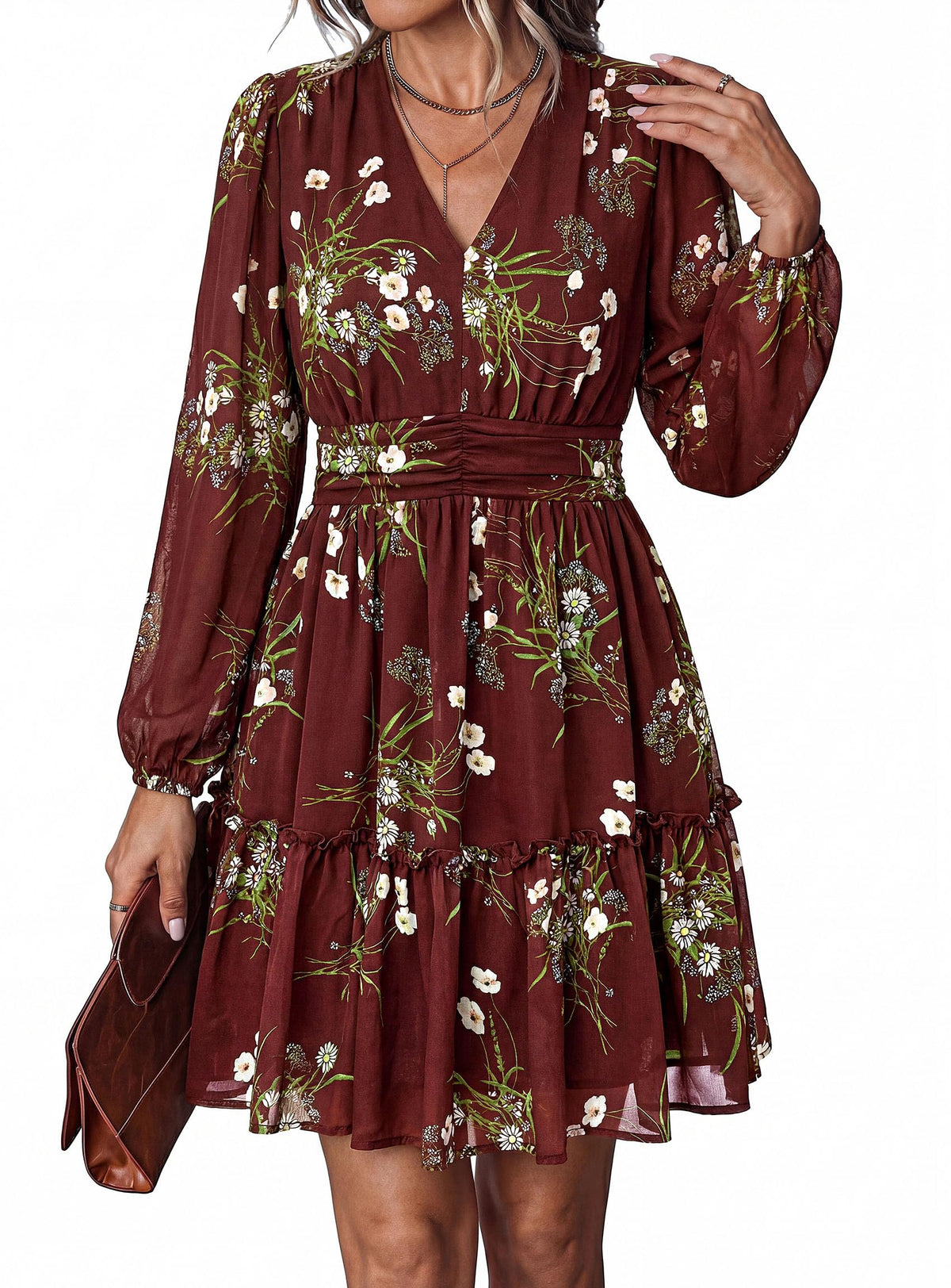 PRETTYGARDEN Women Floral Long Sleeve Mini Dress | Fall Wedding Guest Dresses, V Neck, Fit & Flare, Ruffle Hem A-Line, Short Chiffon Dress, Elegant Holiday Party, Date Outfits
