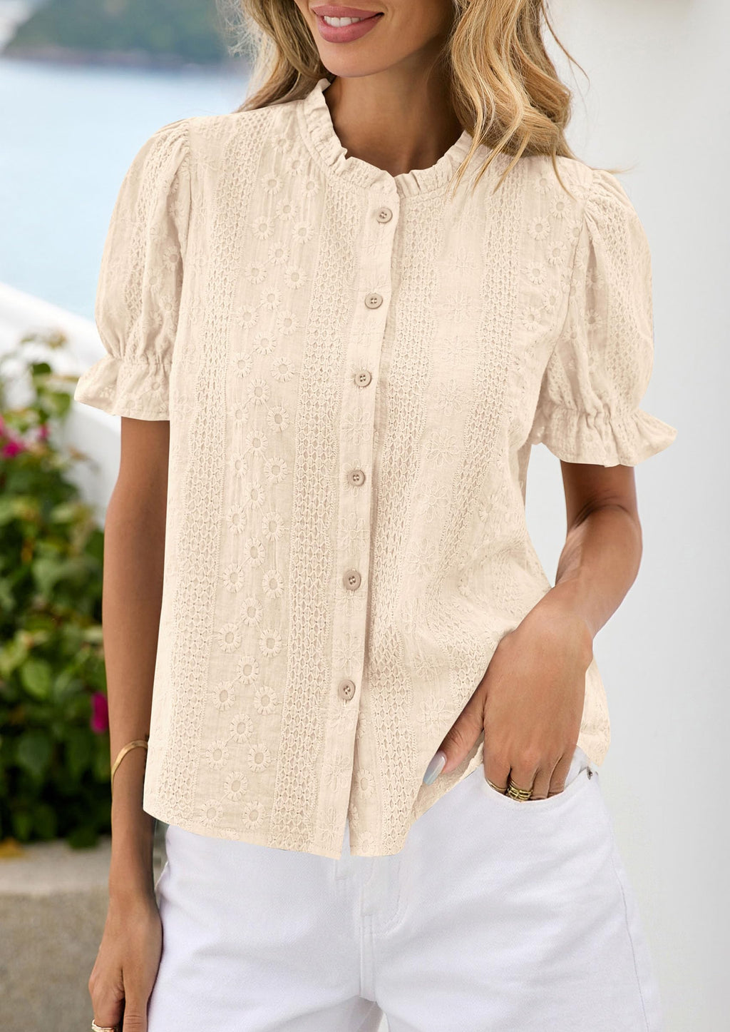PRETTYGARDEN Womens Puff Short Sleeve Tops  Summer Spring Button Down Boho Embroidered Cute Blouse Dressy Casual Shirts