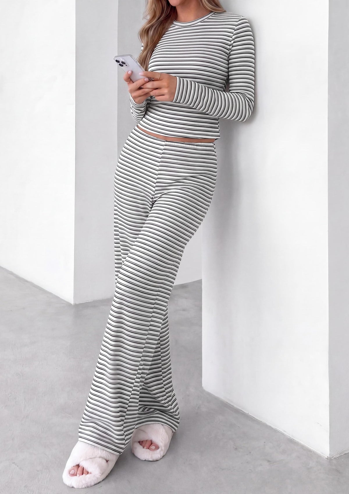 PRETTYGARDEN Women 2 Piece Striped Lounge Sets Soft Cozy Knit, Matching Airport Travel Outfits, Long Sleeve Shirts, Wide Leg Pants Pockets, Fall Winter Comfy Casual Clothes