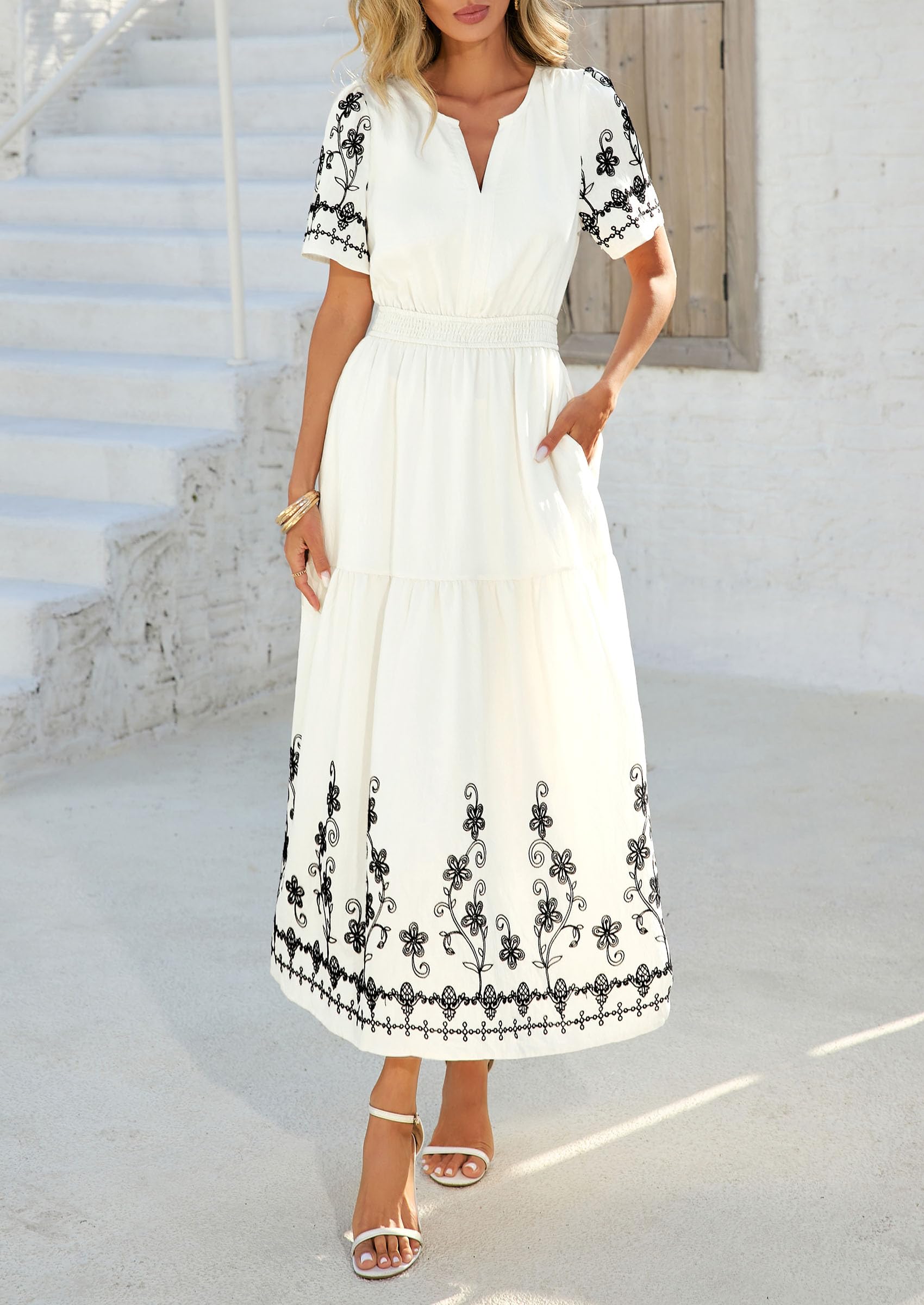 PRETTYGARDEN Women's Summer Boho Maxi Dress Spring Floral Short Sleeve V Neck A Line Flowy Beach Wedding Guest Dresses