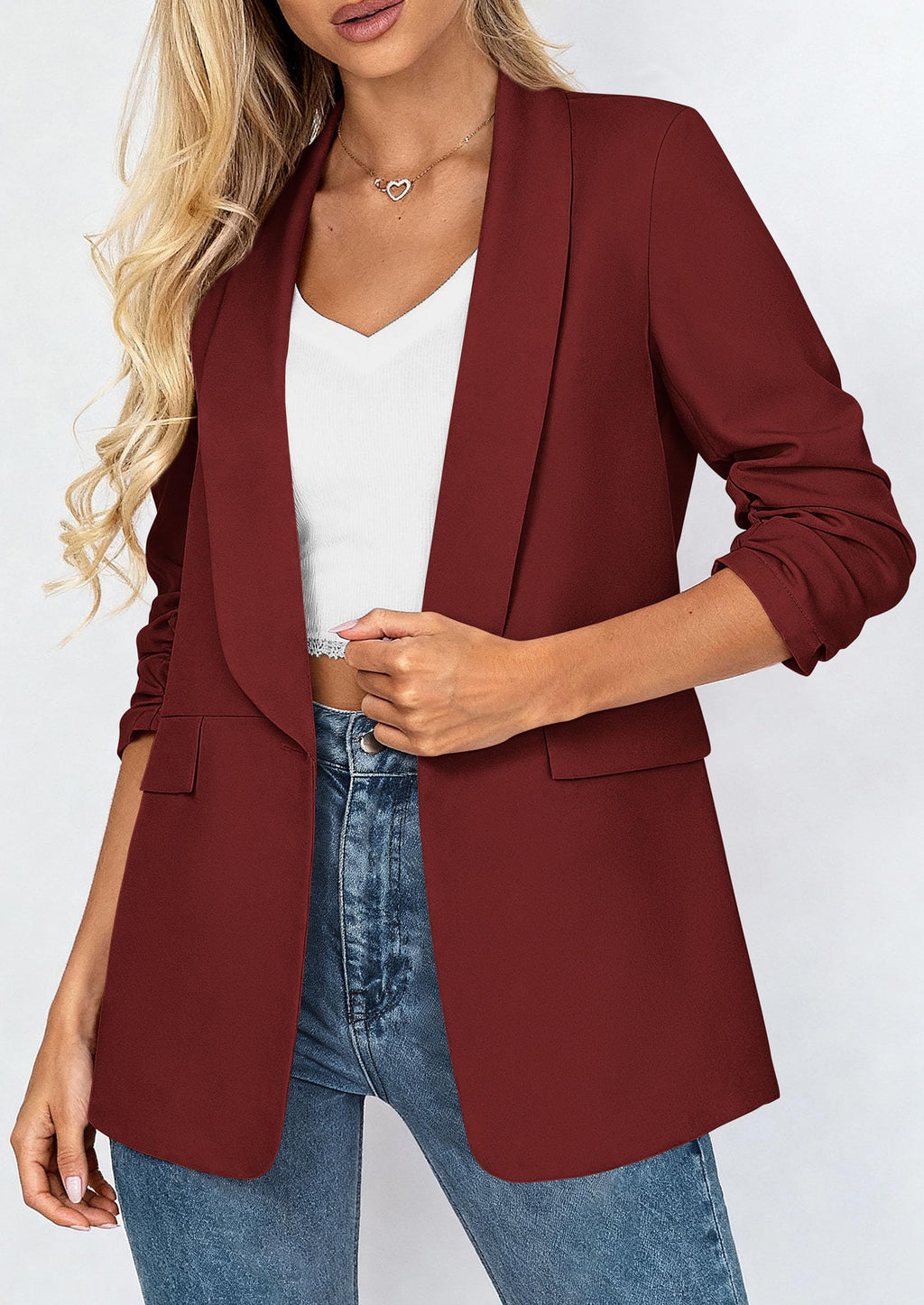 PRETTYGARDEN Women's Summer Blazers Business Casual Outfits | Ruched 3/4 Sleeve,Shawl Lapel,Collared Open Front,Padded Shoulder,Lightweight Jackets,Office Work Suits,Spring Fall Clothes