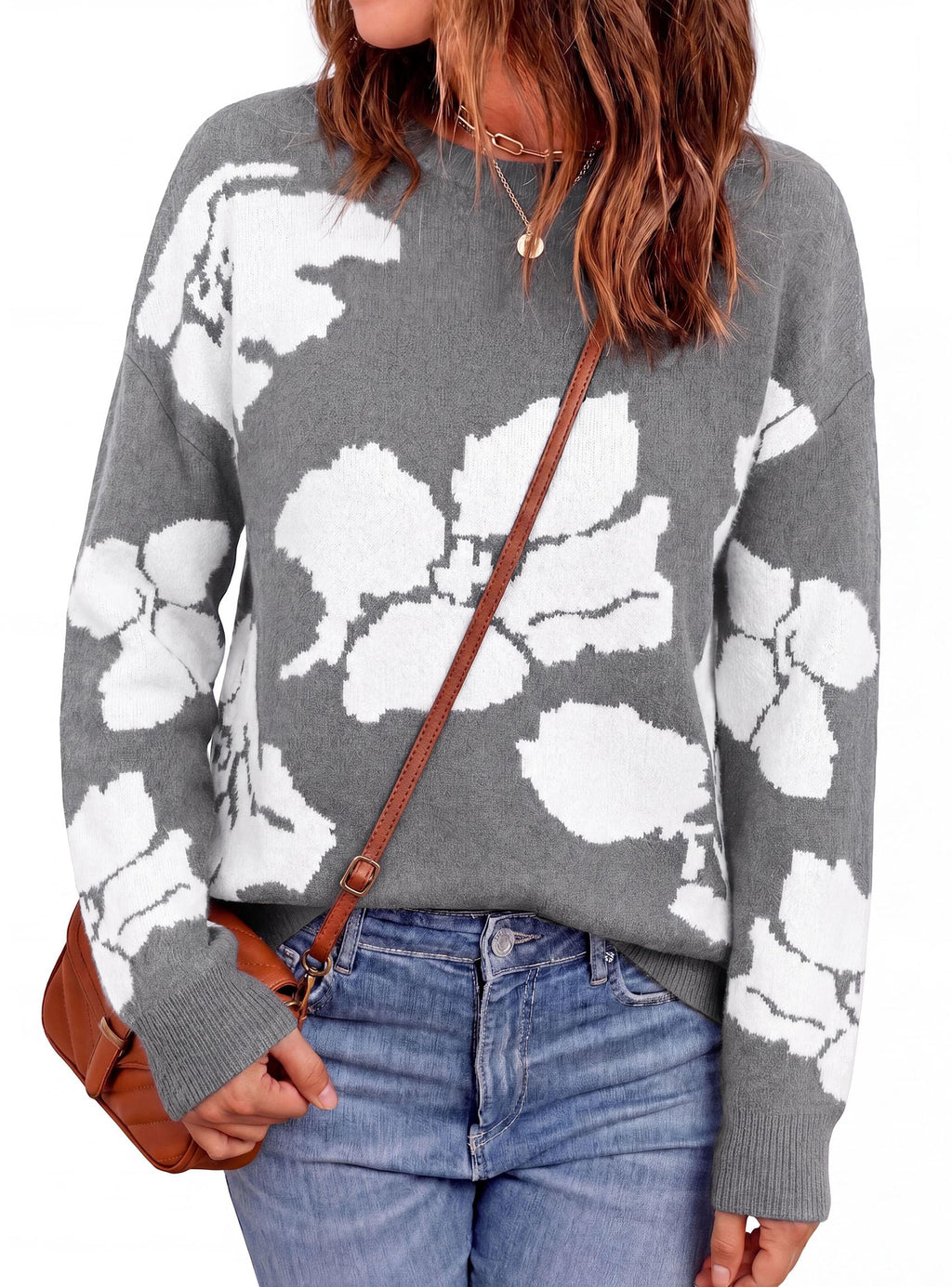 PRETTYGARDEN Womens Floral Sweater Crewneck Printed Pullover Tops,Soft Slouchy Knit Sweater,Casual Long Sleeve,Fall Fashion,Cute Winter Clothes,Work Office Travel Vacation Outfits