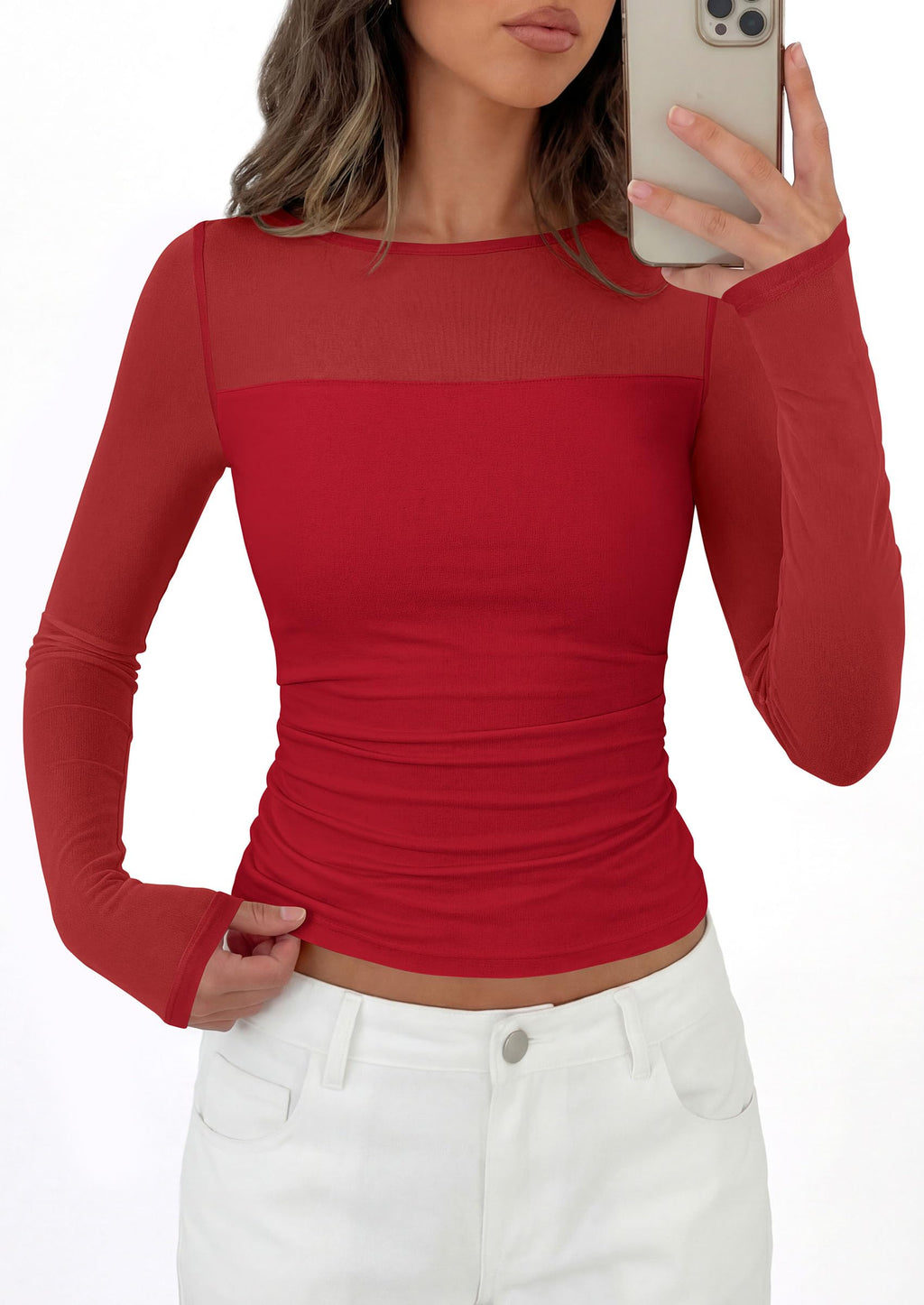 PRETTYGARDEN Women's Sheer Mesh Long Sleeve Going Out Tops | Comfy Stretchy Patchwork,Boat Neck,Ruched Slim Fitted,See Through,Trendy Shirts,Date Night Outfit,Early Fall Fashion Clothing