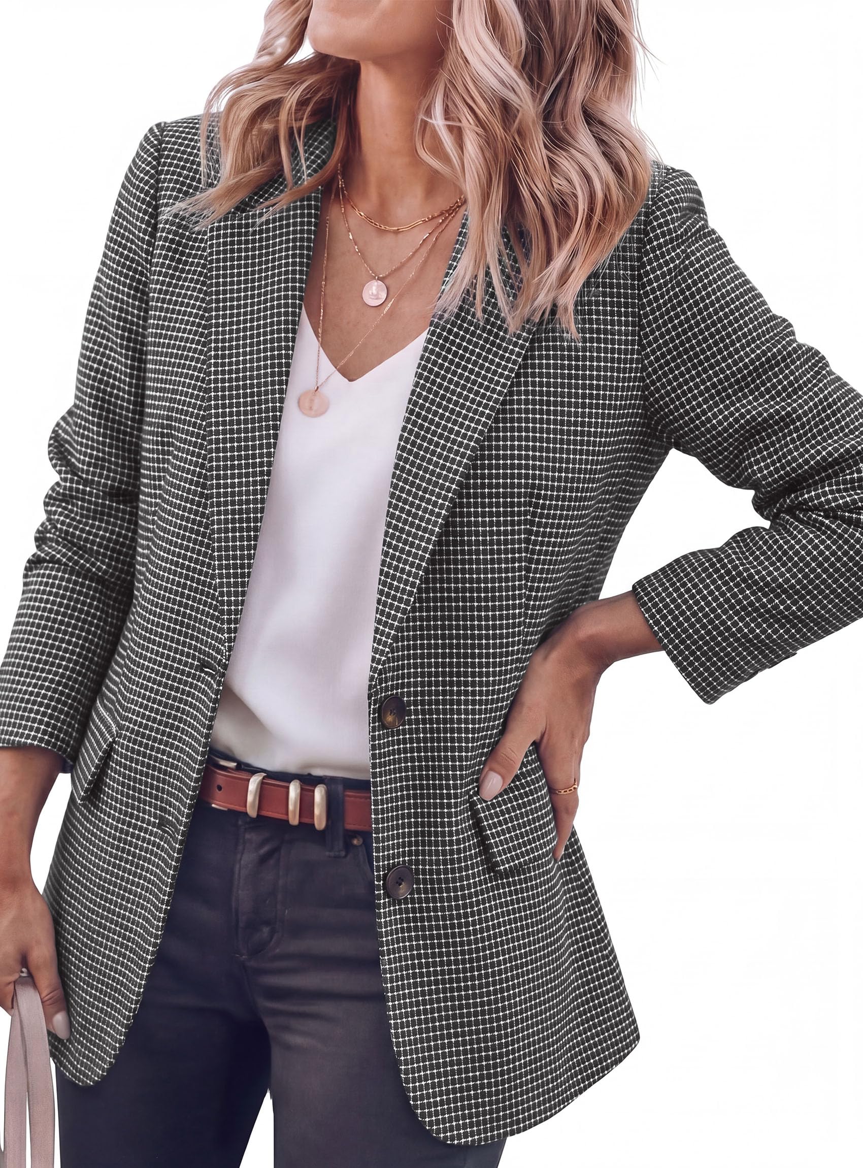PRETTYGARDEN Fall Blazers for Women Business Casual | Long Sleeve Plaid Houndstooth, Notch Lapel Pockets, Oversized Blazer Outerwear, Trendy Suit Jackets, 2026 Winter Work Outfits