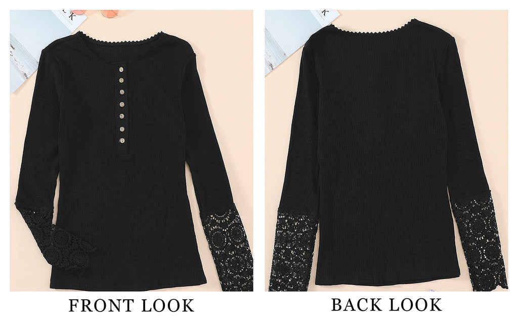 FreshPretty Women Long Sleeve Shirts Spring Solid Button Up V Neck Lace Long Sleeves Slim Fit Knit Casual Fall T-Shirts