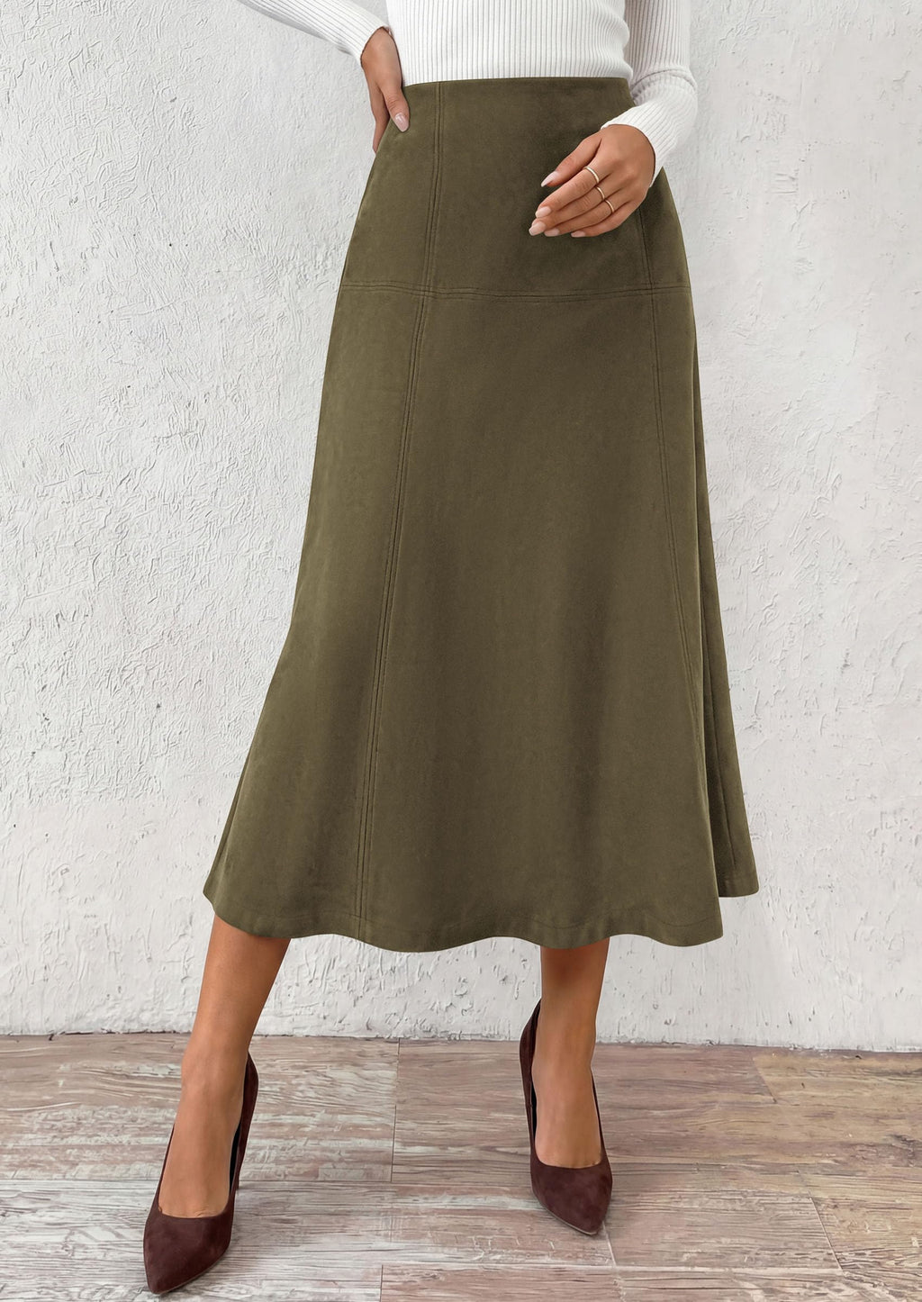 PRETTYGARDEN Womens High Waist Faux Suede A Line Midi Skirt | Hidden Stretch Elastic Waist, Front Back Panel Stitching, Vintage Elegant Mid-Calf Long Skirts for Fall Winter Office Daily