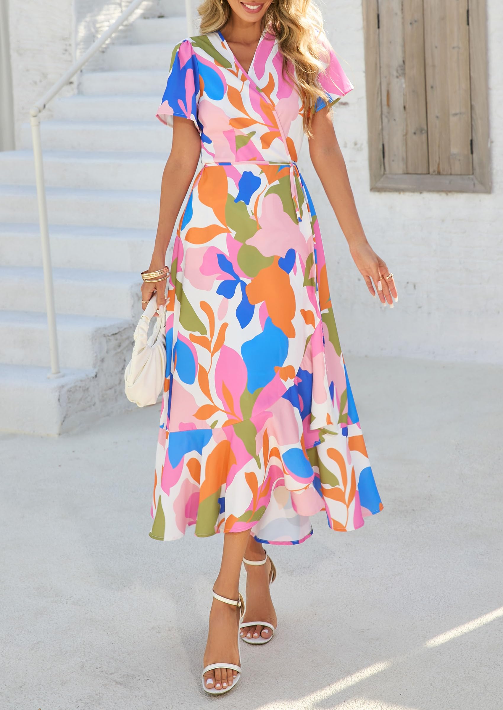 PRETTYGARDEN Women's Summer Maxi Dress Casual Wrap Floral Boho Short Sleeve V Neck Split Ruffle Beach Long Dresses