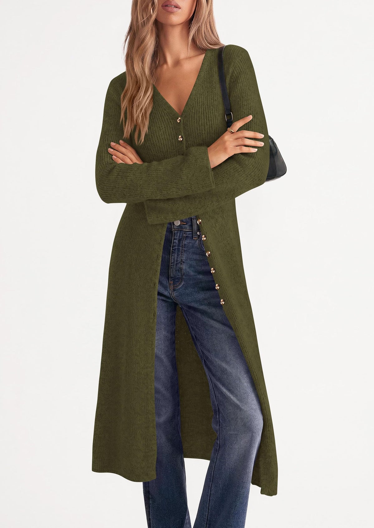 PRETTYGARDEN Women Long Cardigan Bell Sleeve Sweater Dress Early Fall Fashion, V Neck Button Down Coats, Fit and Flare, Duster Sweater, Acrylic Cotton Blend