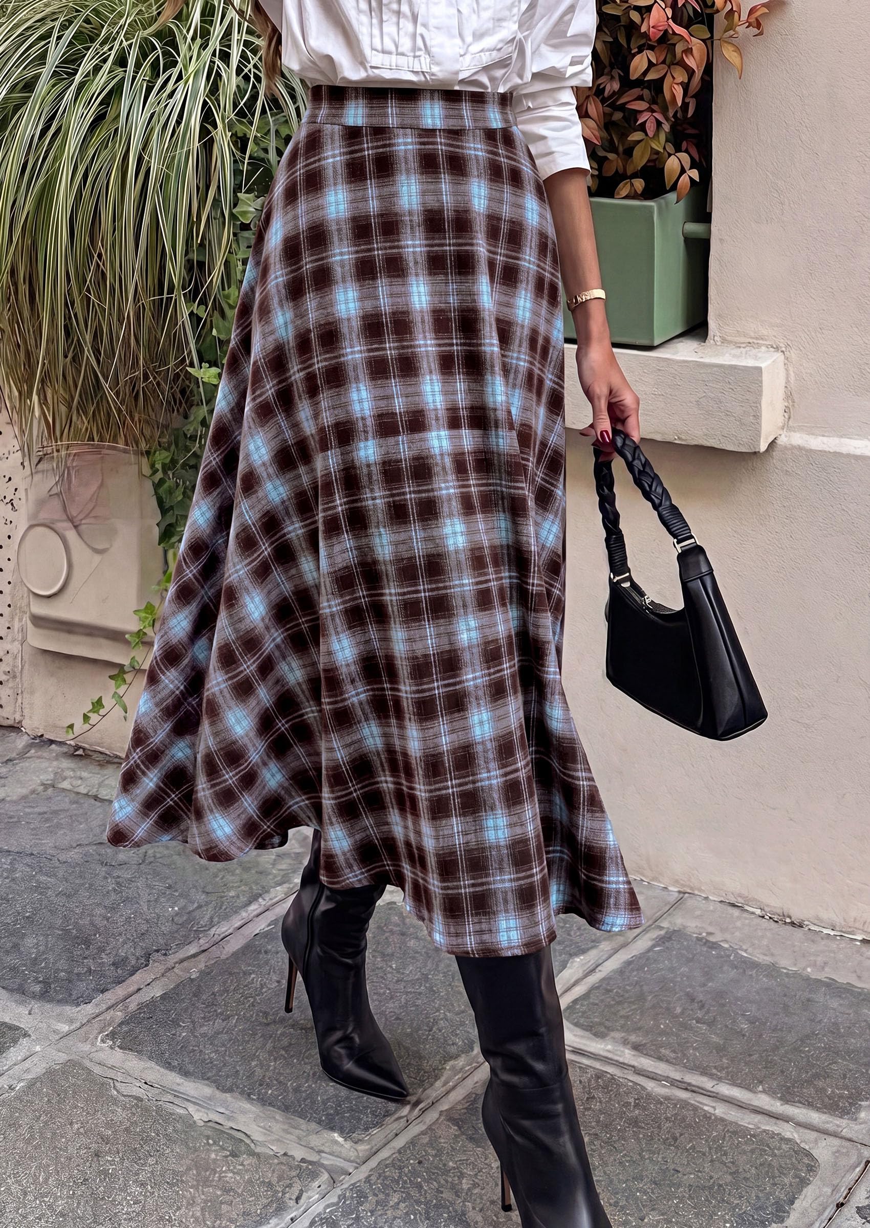 PRETTYGARDEN Women's Plaid High Waisted A-Line Midi Skirts