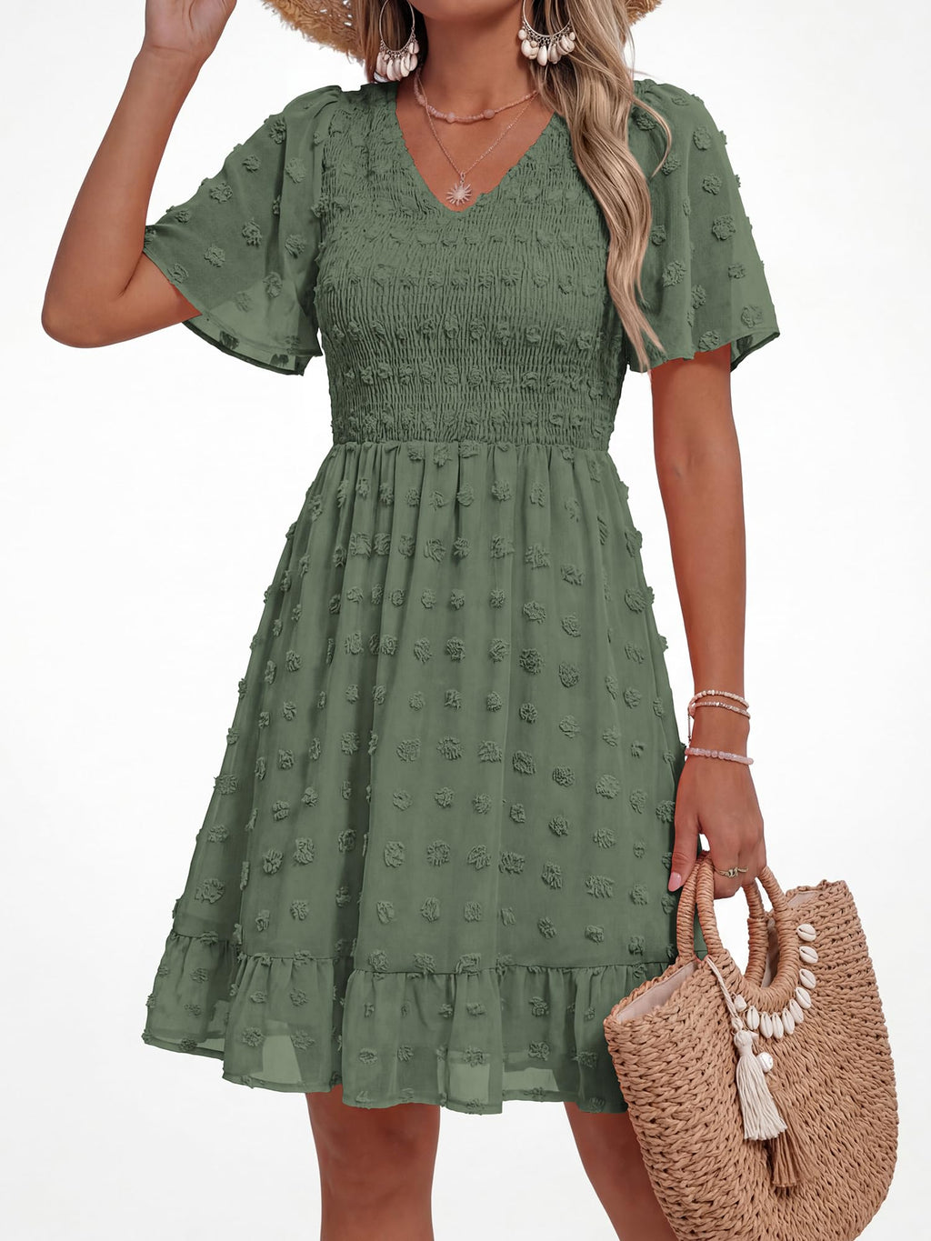 FreshPretty Womens Beach Vacation Dress Summer V Neck Short Sleeve Smocked Swiss Dot Ruffle Casual Mini Spring Dresses