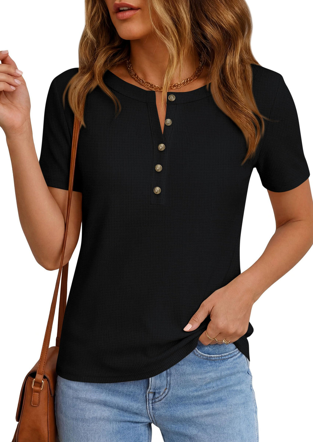 PRETTYGARDEN Waffle Knit Tops for Women Short Sleeve Henley Shirts  Summer Blouses Dressy Casual Spring Fashion Clothes