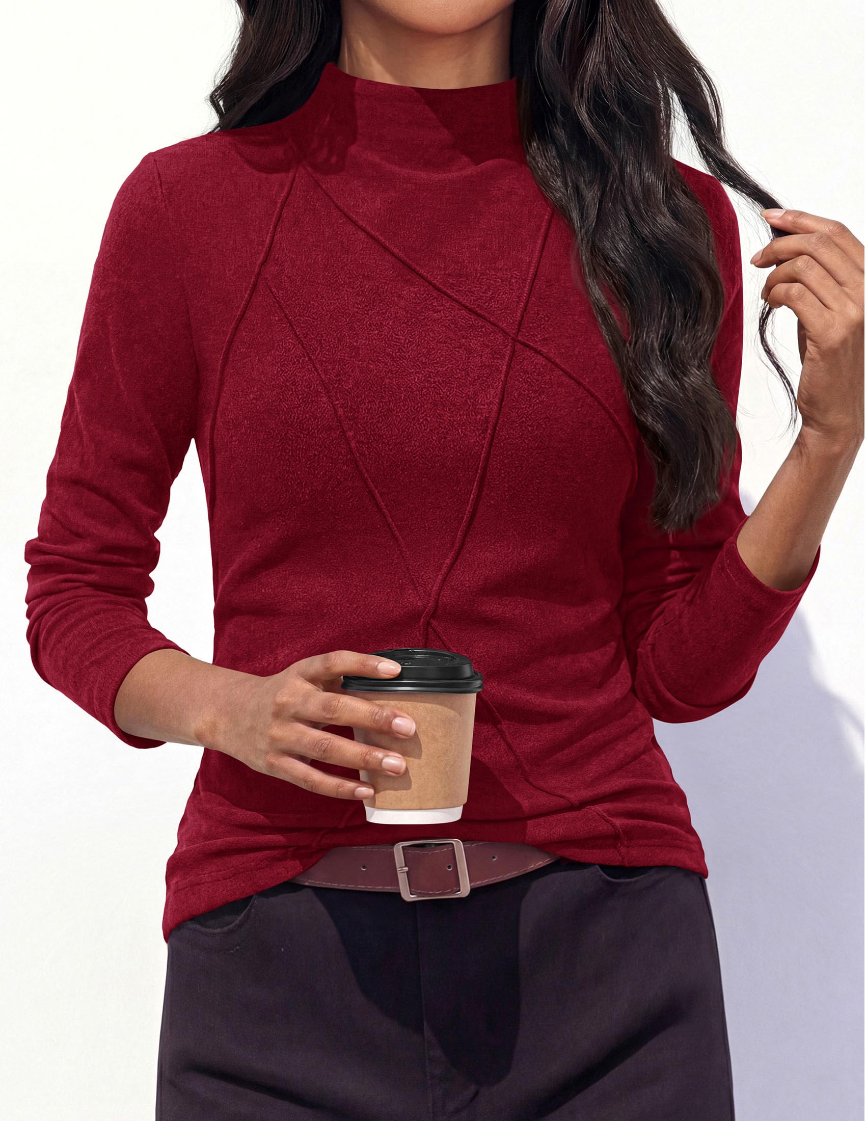 PRETTYGARDEN Women's Fall Mock Neck Long Sleeve Shirts | Soft Stretchy Knit,Geometric Seam Stitching,Slim Fitted Basic Tees,Thermal Casual Wear,Daily Work Layering Winter Tunic Top