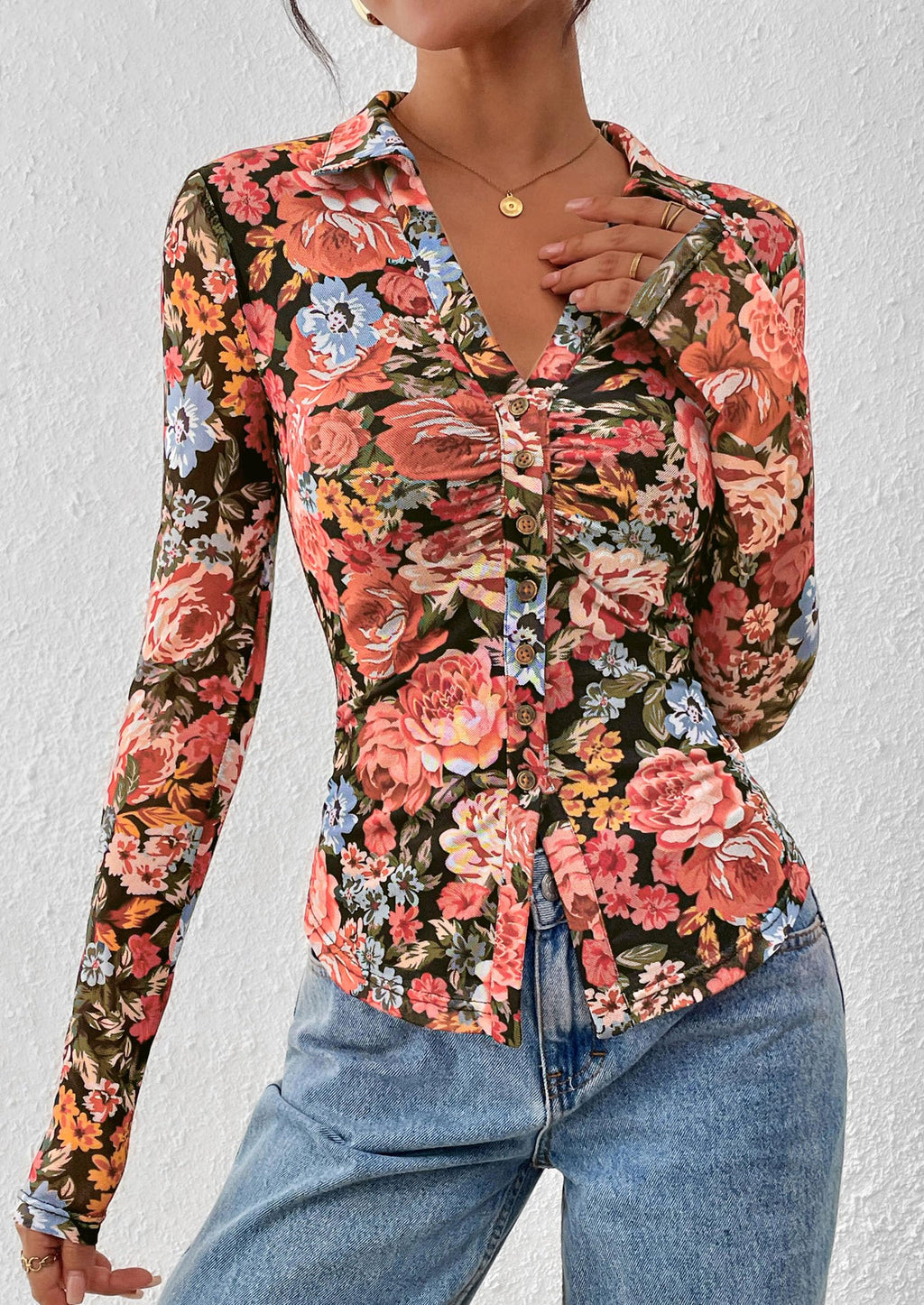 PRETTYGARDEN Women Button Down Floral Shirts Fall Trendy Long Sleeve V Neck Mesh Boho Blouse Spring Tops Date Outfits
