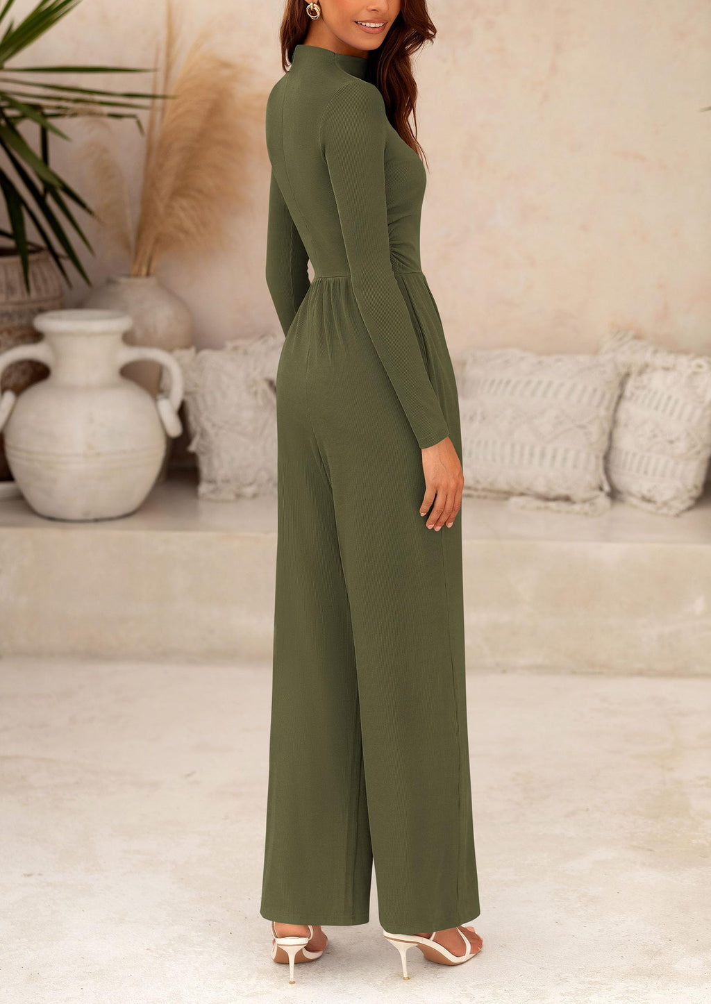 PRETTYGARDEN Womens Jumpsuit Dressy Casual Spring Fall Fashion One Piece Outfits Long Sleeve Mock Neck Wide Leg Pants Rompers