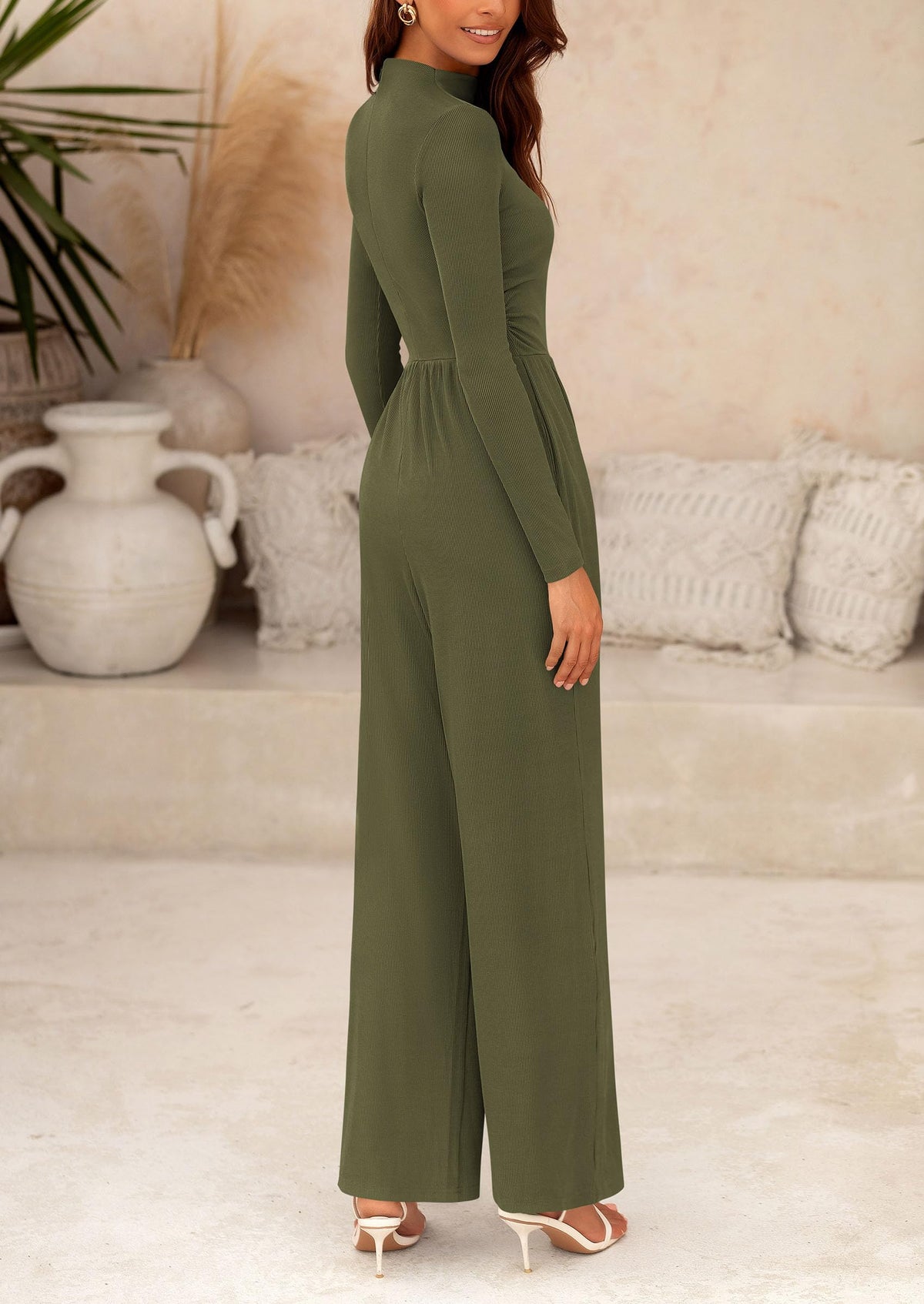 PRETTYGARDEN Womens Jumpsuit Dressy Casual Spring Fall Fashion One Piece Outfits Long Sleeve Mock Neck Wide Leg Pants Rompers