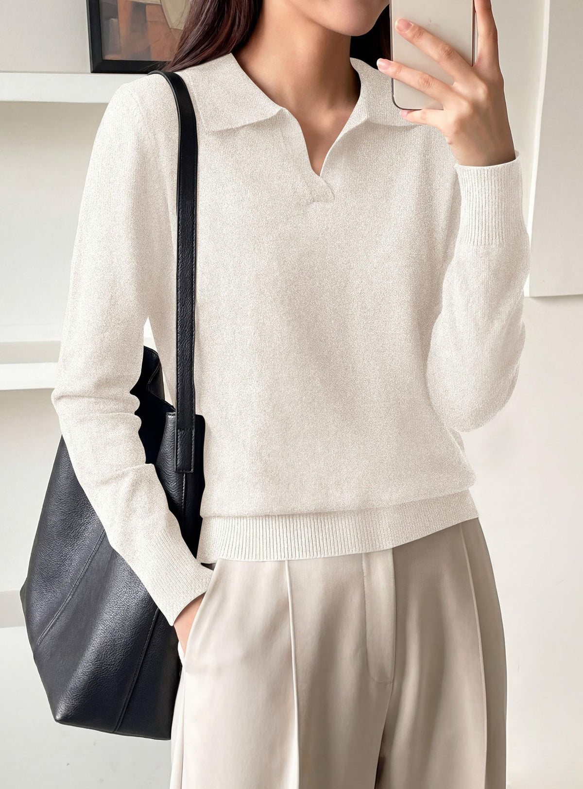 PRETTYGARDEN Womens Long Sleeve Collared Polo Sweater | Breathable Soft Ribbed Knit, Lapel V Neck Pullover Sweaters, Business Casual Work Office Tops, 2026 Trendy Fall Outfits