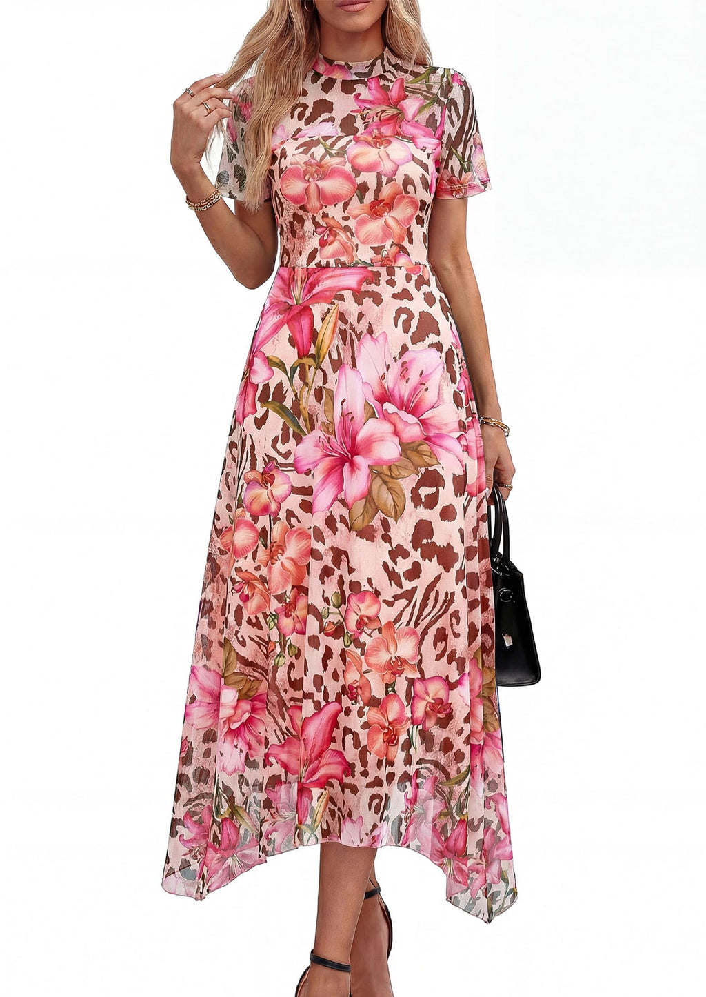 PRETTYGARDEN Cocktail Dresses for Women  Summer Short Sleeve Floral Mesh Sheer Midi Party Wedding Guest Dress