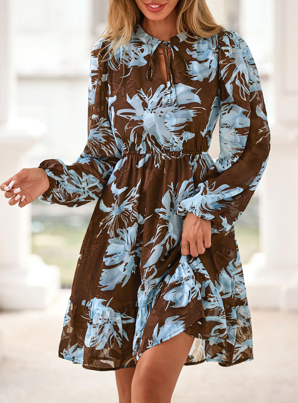 PRETTYGARDEN Women's Fall Boho Dresses  Floral Long Sleeve V Neck Mini Flowy Wedding Guest Dress Trendy Vacation Outfits