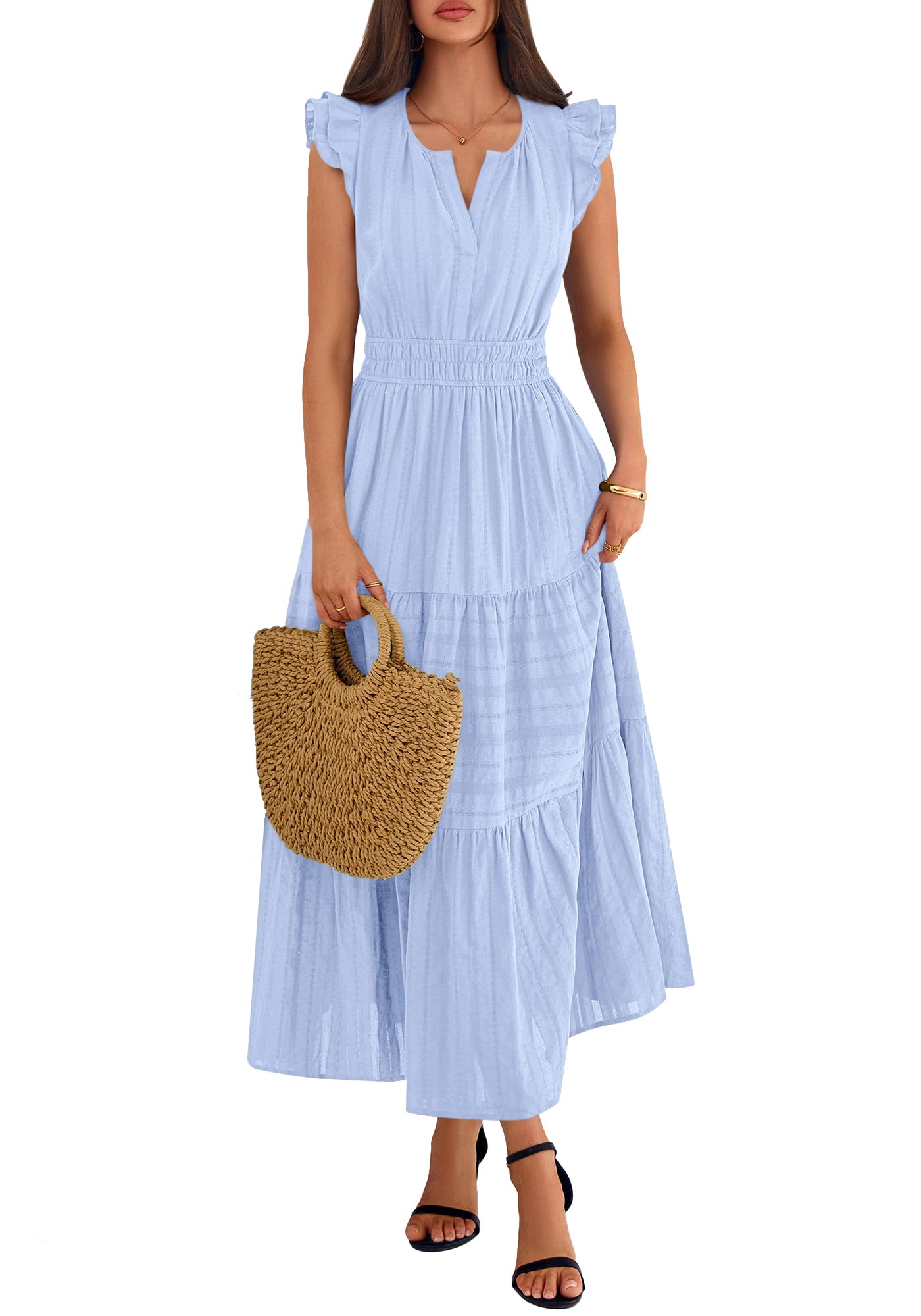 BTFBM Womens Summer Maxi Dress  Spring Boho Vacation Ruffle Flutter Short Sleeve A Line Tiered Flowy Dresses Pockets