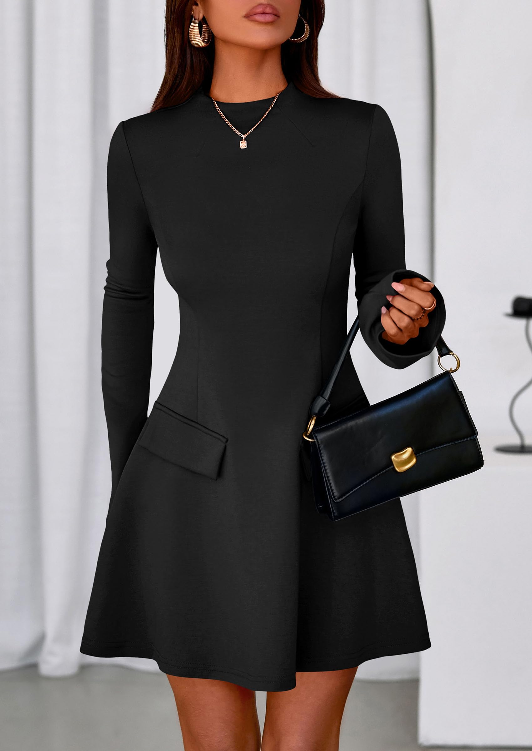 PRETTYGARDEN Women's Elegant Holiday Short Dress  Fall Bell Long Sleeve Mock Neck Work Business Casual Party Mini Dress
