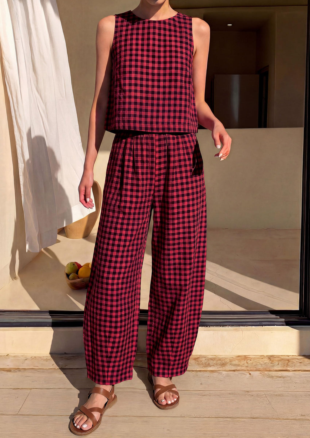 PRETTYGARDEN Womens 2 Piece Sets Summer Plaid Sleeveless Tops Wide Leg Pants Matching Lounge Set Beach Vacation Outfits