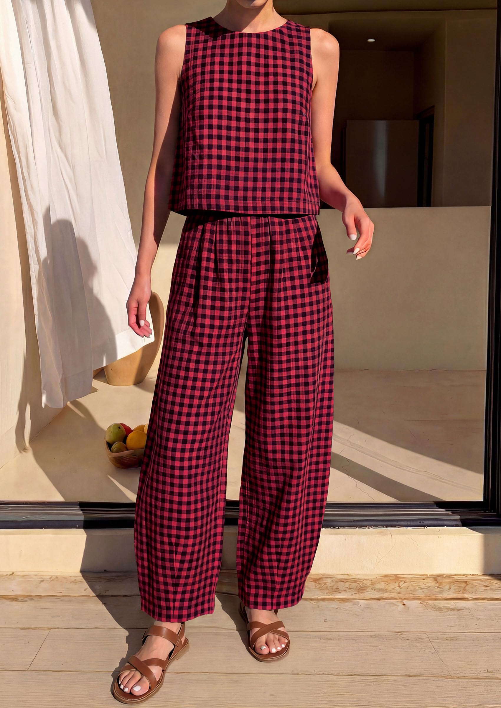 PRETTYGARDEN Womens 2 Piece Sets Summer Plaid Sleeveless Tops Wide Leg Pants Matching Lounge Set Beach Vacation Outfits
