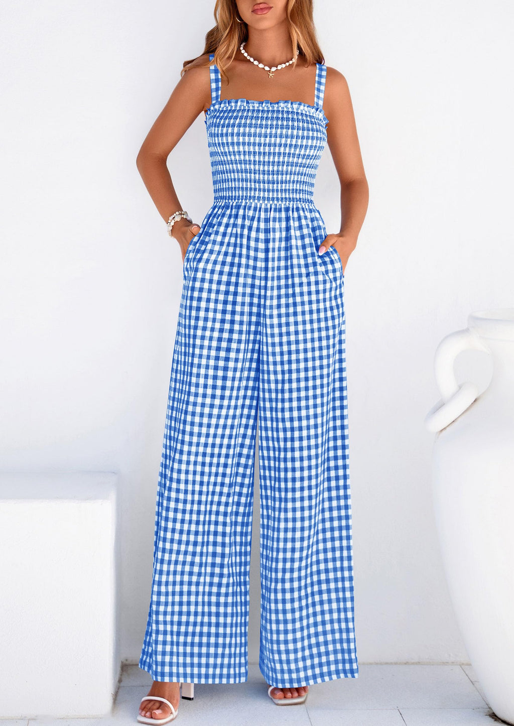 PRETTYGARDEN One Piece Jumpsuits for Women Casual Summer Cruise Outfits  Spring Fashion Smocked Wide Leg Gingham Rompers