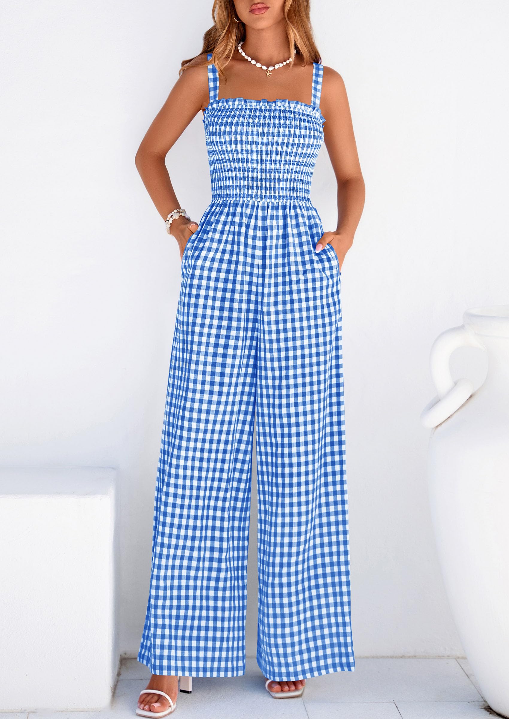 PRETTYGARDEN One Piece Jumpsuits for Women Casual Summer Cruise Outfits  Spring Fashion Smocked Wide Leg Gingham Rompers