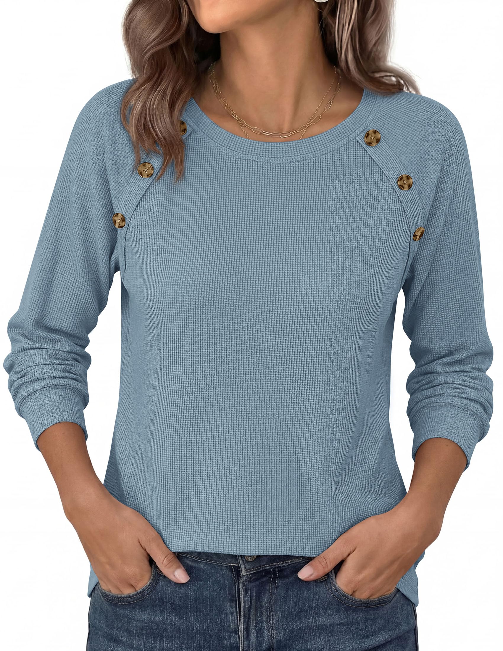PRETTYGARDEN Long Sleeve Shirts for Women Waffle Knit Tops Fall Fashion Dressy Casual Loose Tunic Blouse Winter Clothing