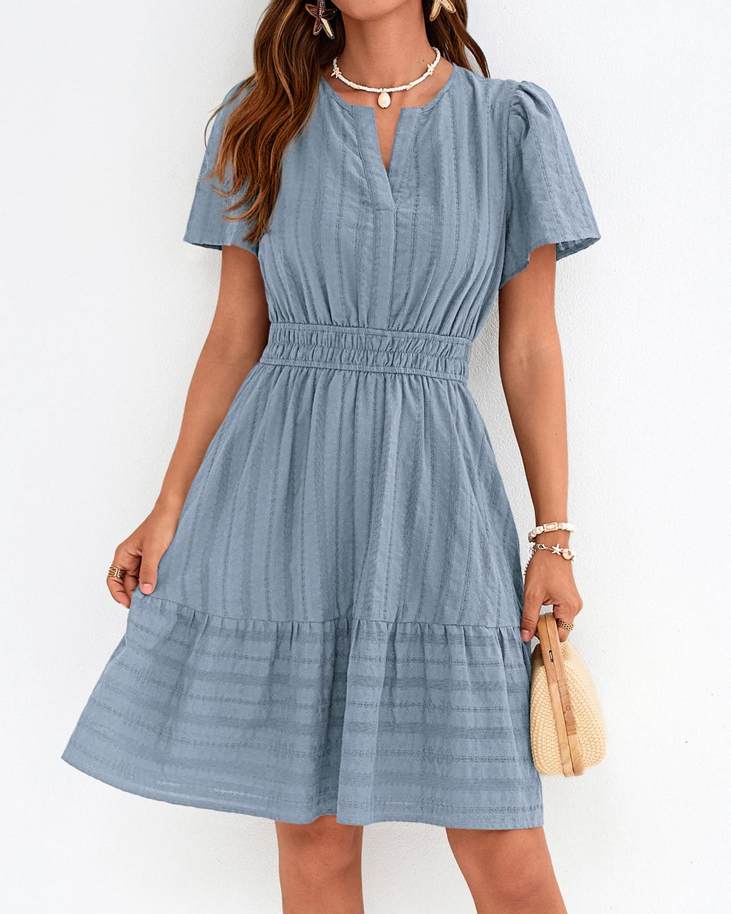 BTFBM Womens Spring  Casual Mini Dresses Lightweight Short Sleeve V Neck Elastic Waist Cute Boho Beach Dress Pockets