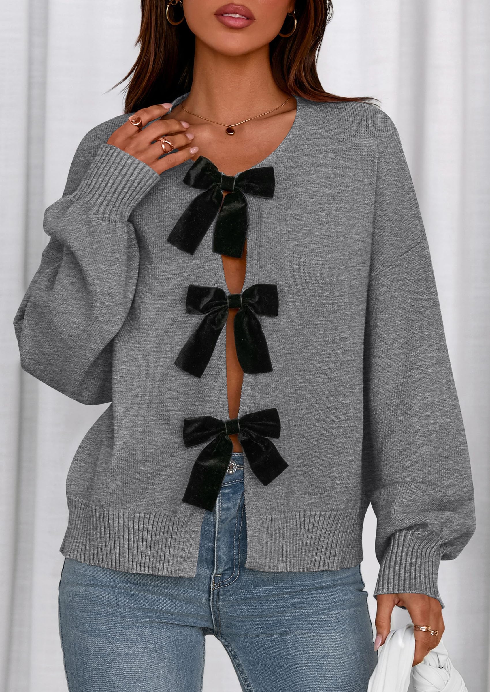PRETTYGARDEN Cardigan Sweaters for Women Fall Fashion Bow Tie Front Long Sleeve Knit Sweater Tops Cute Winter Clothes