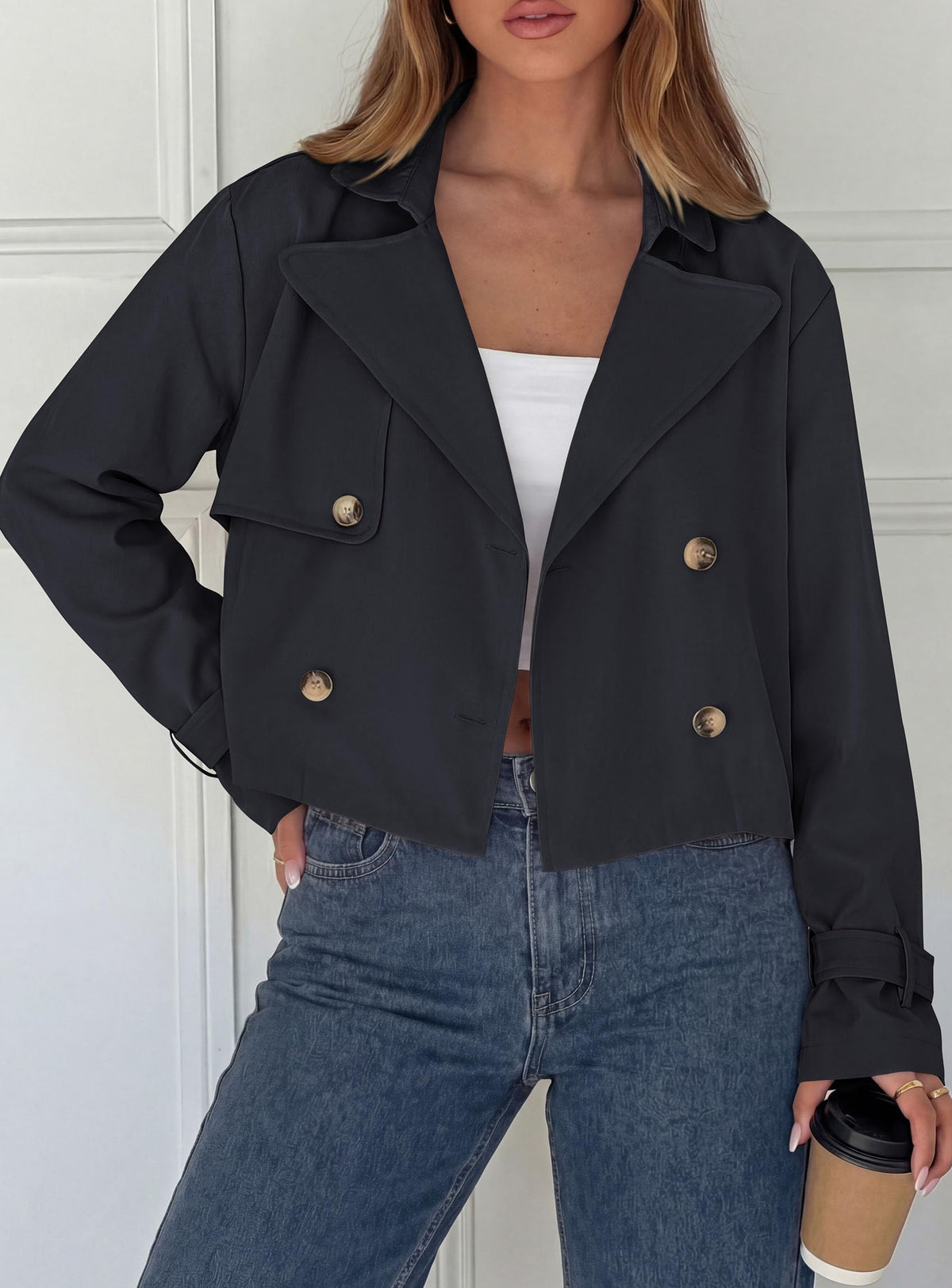 PRETTYGARDEN Cropped Trench Coat For Women Short Jacket,Soft Lightweight Coats, Lapel Double Breasted, Long Sleeve Loose Fit, Casual Work Office Jackets, Fall Winter Outwear
