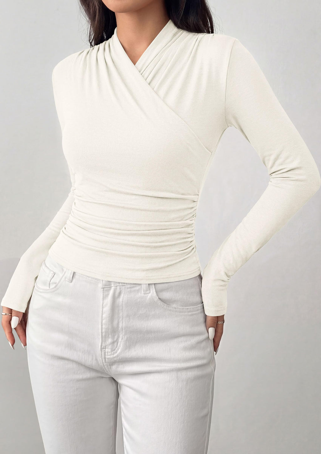 PRETTYGARDEN Womens Long Sleeve Shirts Going Out Wrap Top | Soft Heathered Stretchy Viscose Fitted Blouse, V Neck Ruched Waist Dressy Tops, Office Business Casual Fall Winter Daily Wear