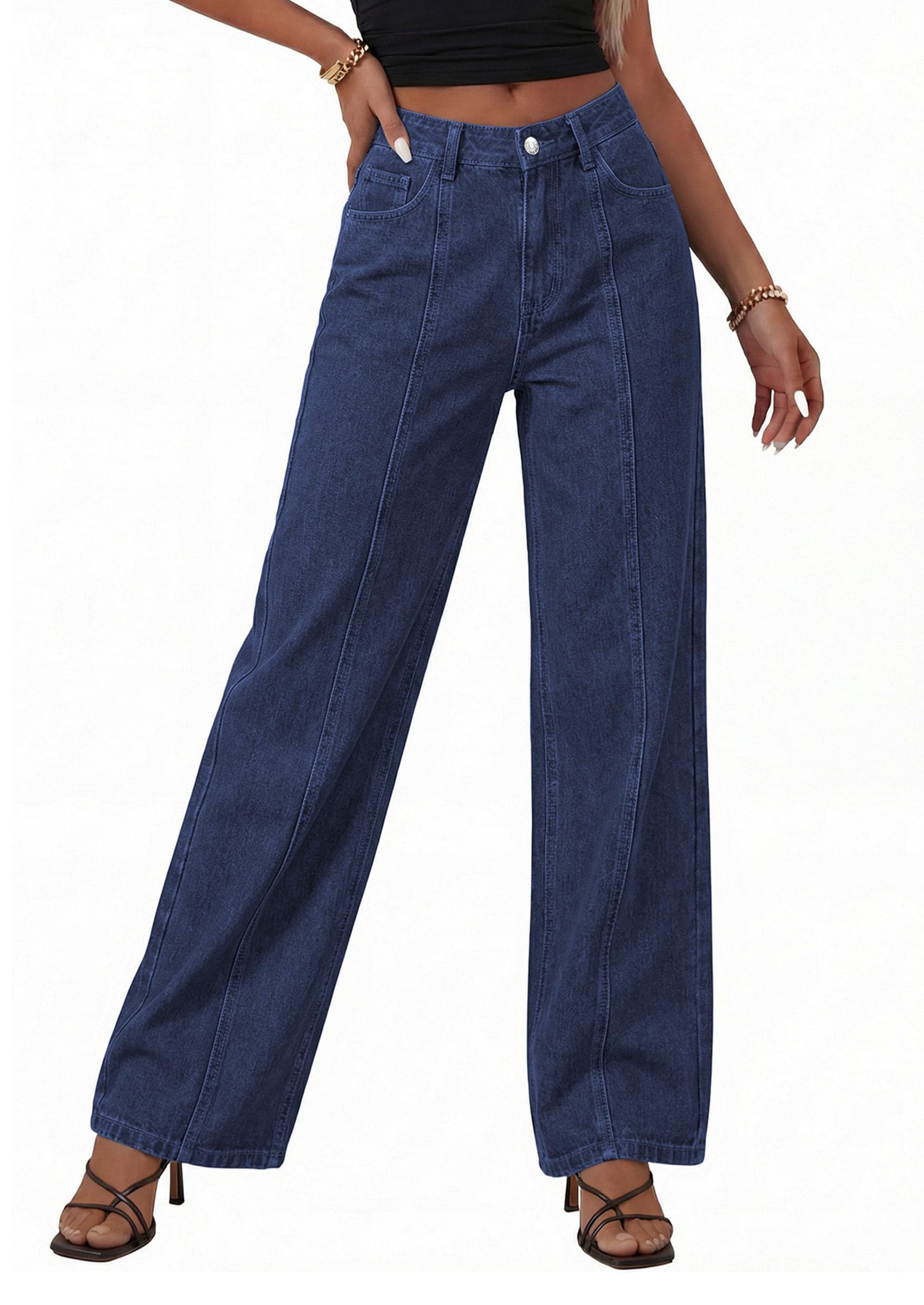 PRETTYGARDEN Women's Wide Leg Jeans High Waisted Stretchy Baggy Seamed Front Denim Palazzo Pants Summer Fashion Clothes