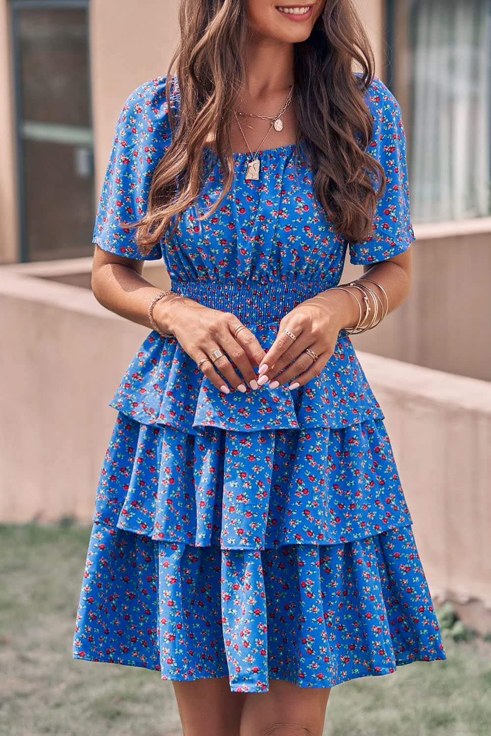 PRETTYGARDEN Women's  Floral Summer Short Dress Square Neck Short Sleeve Tiered Ruffle Boho Swing Dresses