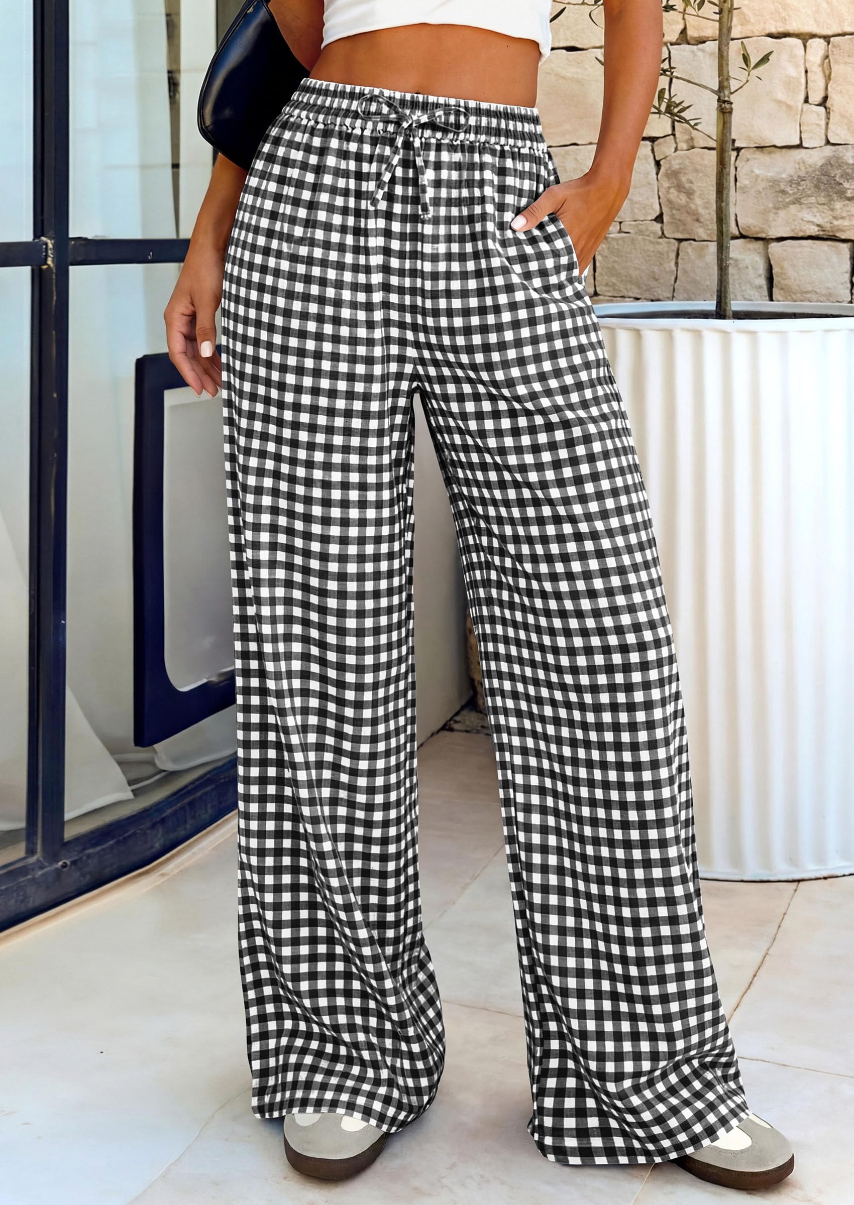 PRETTYGARDEN Women's Wide Leg Gingham Lounge Pants Summer  Casual Plaid Trousers Spring Y2K Clothes Comfy Pajama Bottoms