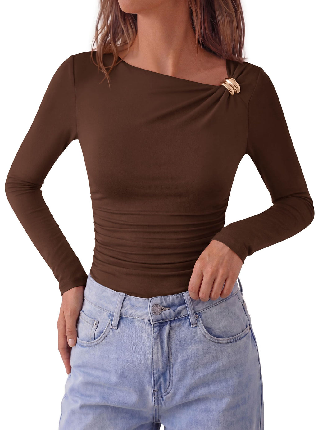 PRETTYGARDEN Long Sleeve Tops for Women Fitted Going Out Top | Comfy Stretchy Knit, Fashion Slim Fit Shirt, Ruched Asymmetrical Side Buckle, Party Date Night Outfits, Y2k Fall Clothes