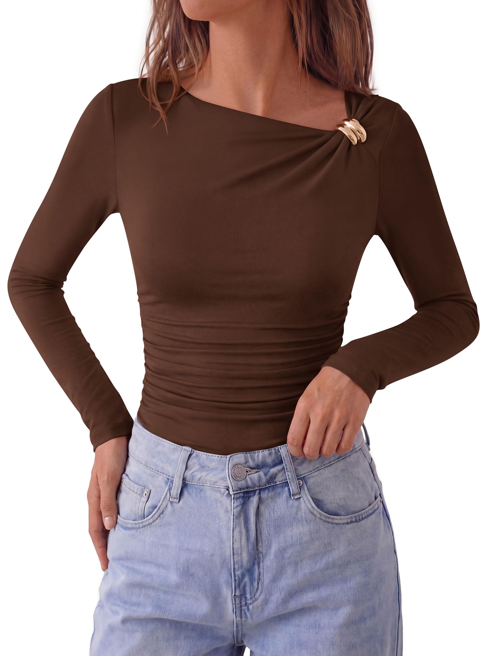 PRETTYGARDEN Long Sleeve Tops for Women Fitted Going Out Top | Comfy Stretchy Knit, Fashion Slim Fit Shirt, Ruched Asymmetrical Side Buckle, Party Date Night Outfits, Y2k Fall Clothes