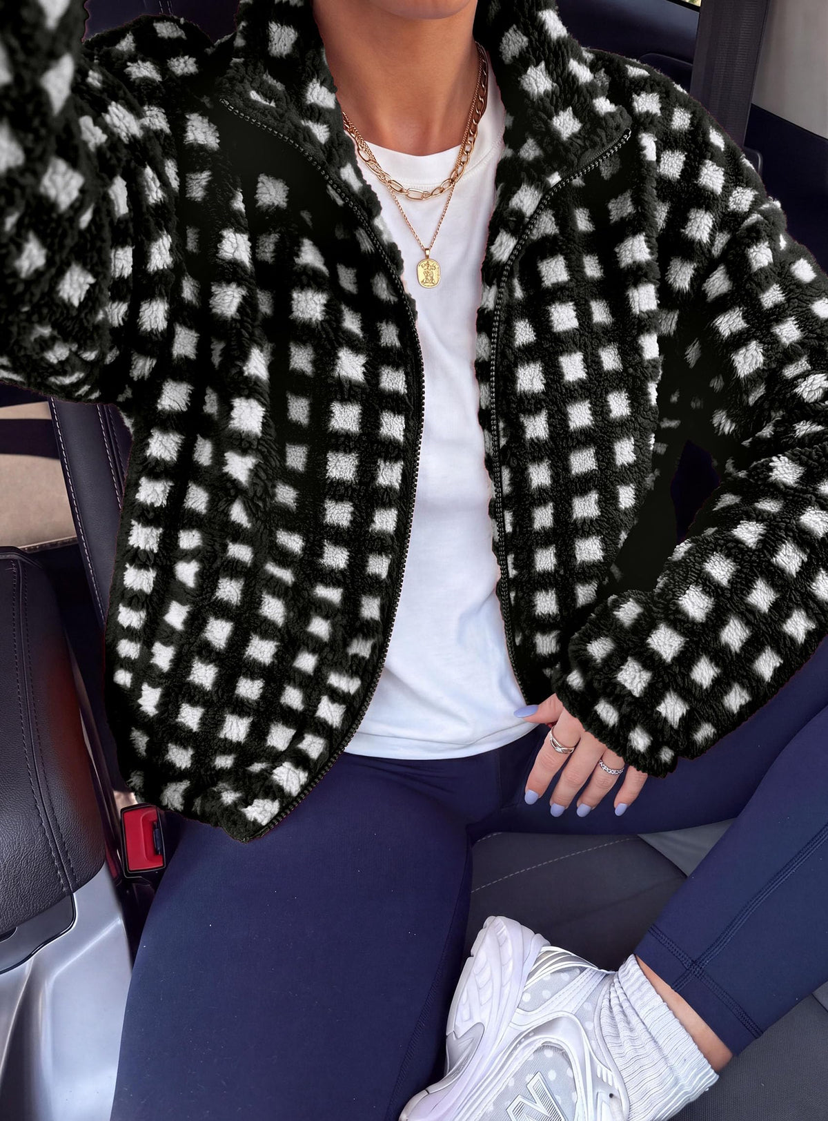PRETTYGARDEN Women's Gingham Sherpa Fleece Jacket Plaid Cropped Teddy Coat Trendy Y2K Winter Jacket, Zip Up Stand Collar, Side Pockets, Fall Outfit for Casual Daily, Going Out, Streetwear, Outdoor