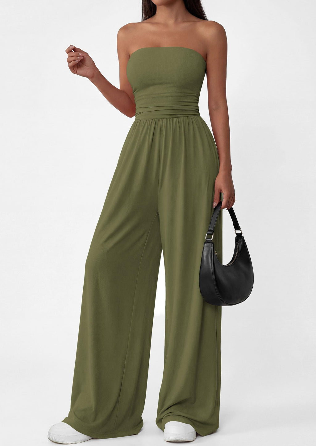 PRETTYGARDEN Womens Trendy Strapless Rompers Ruched Tube Top Wide Leg One Piece Jumpsuits Beach Vacation Summer Outfits