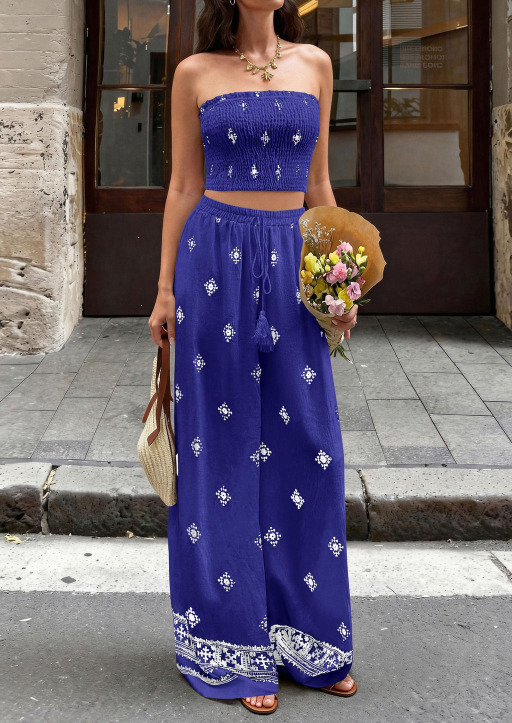 PRETTYGARDEN 2 Piece Sets for Women Summer  Travel Outfits Print Tube Tops Wide Leg Pants Beach Vacation Clothes