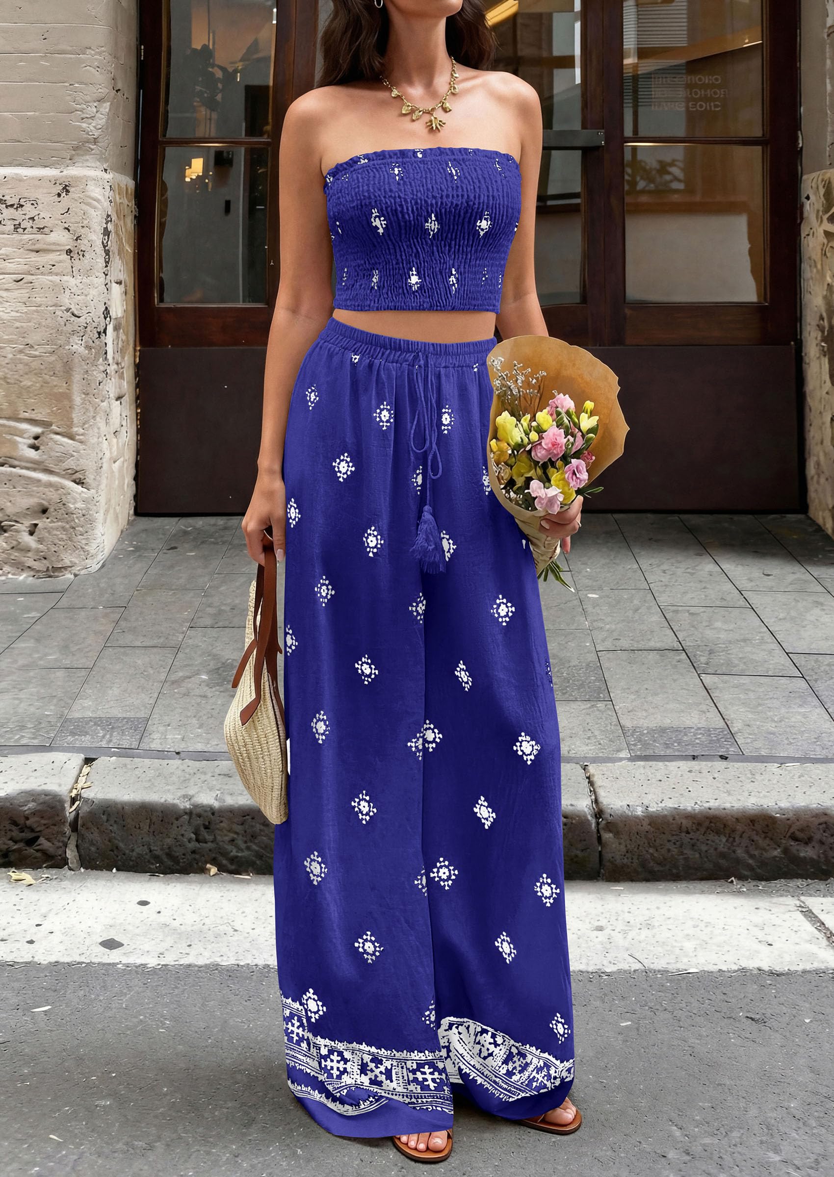 PRETTYGARDEN 2 Piece Sets for Women Summer  Travel Outfits Print Tube Tops Wide Leg Pants Beach Vacation Clothes