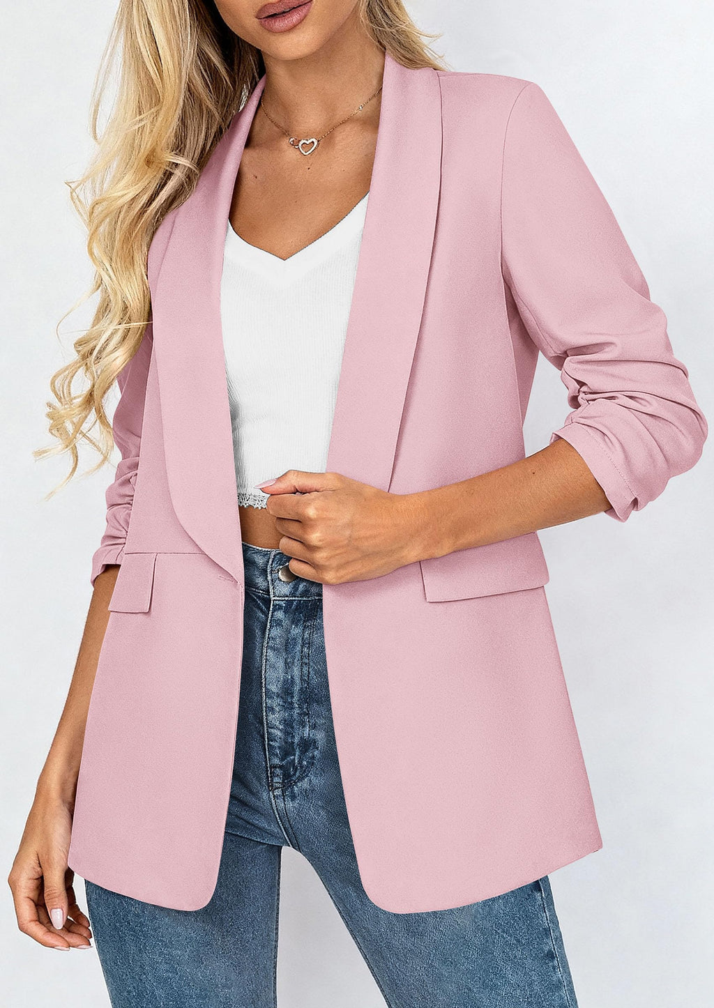 PRETTYGARDEN Women's Summer Blazers Business Casual Outfits | Ruched 3/4 Sleeve,Shawl Lapel,Collared Open Front,Padded Shoulder,Lightweight Jackets,Office Work Suits,Spring Fall Clothes